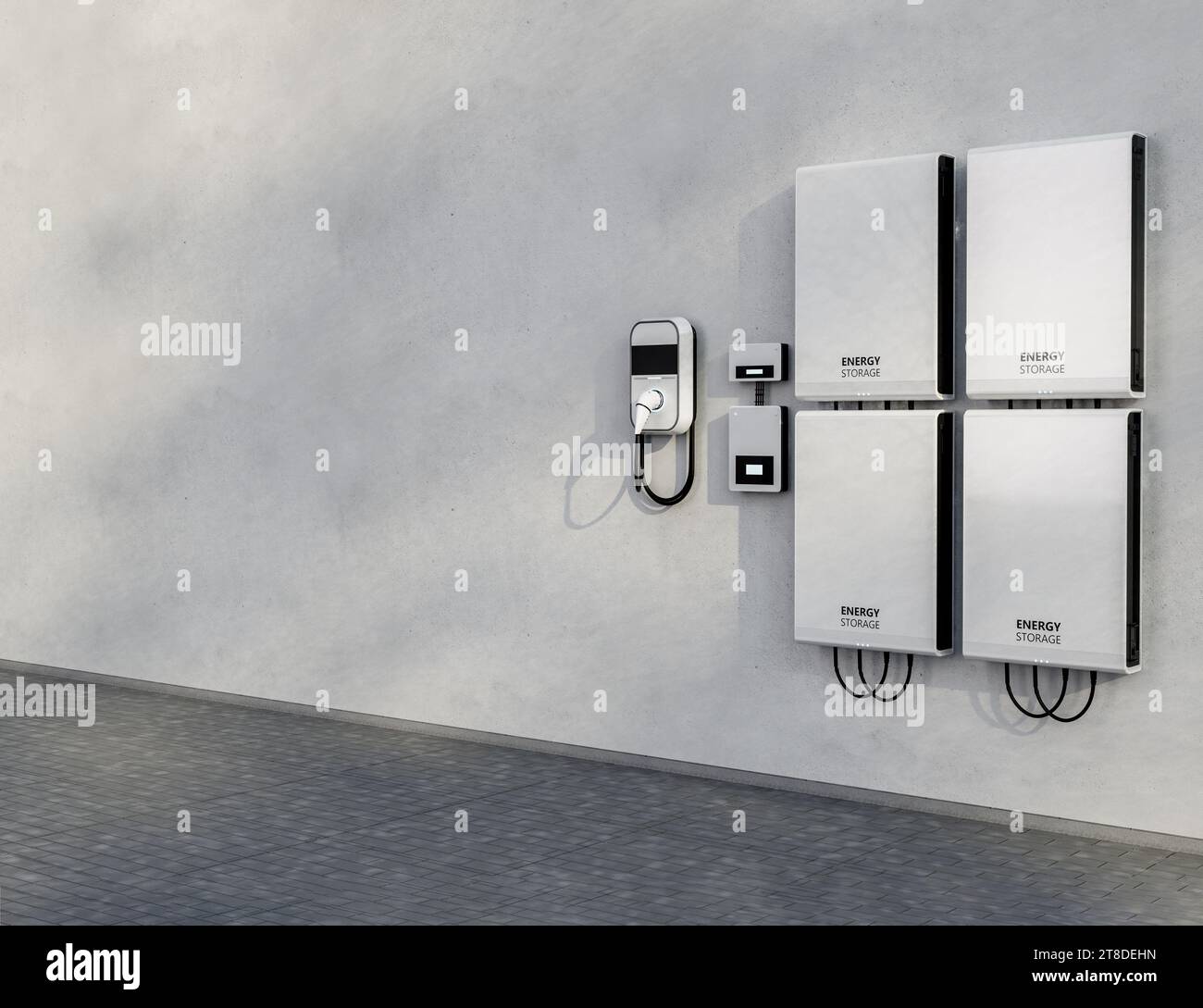 3D-Heimgarage mit EV-Ladegerät und Energiespeichersystem Stockfoto