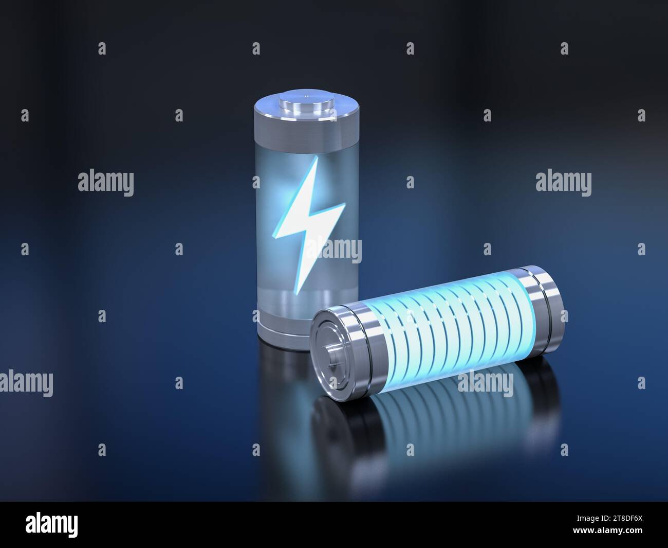 3D-Rendering-Gruppe von Lithium-Ionen- oder wiederaufladbaren Batterien Stockfoto