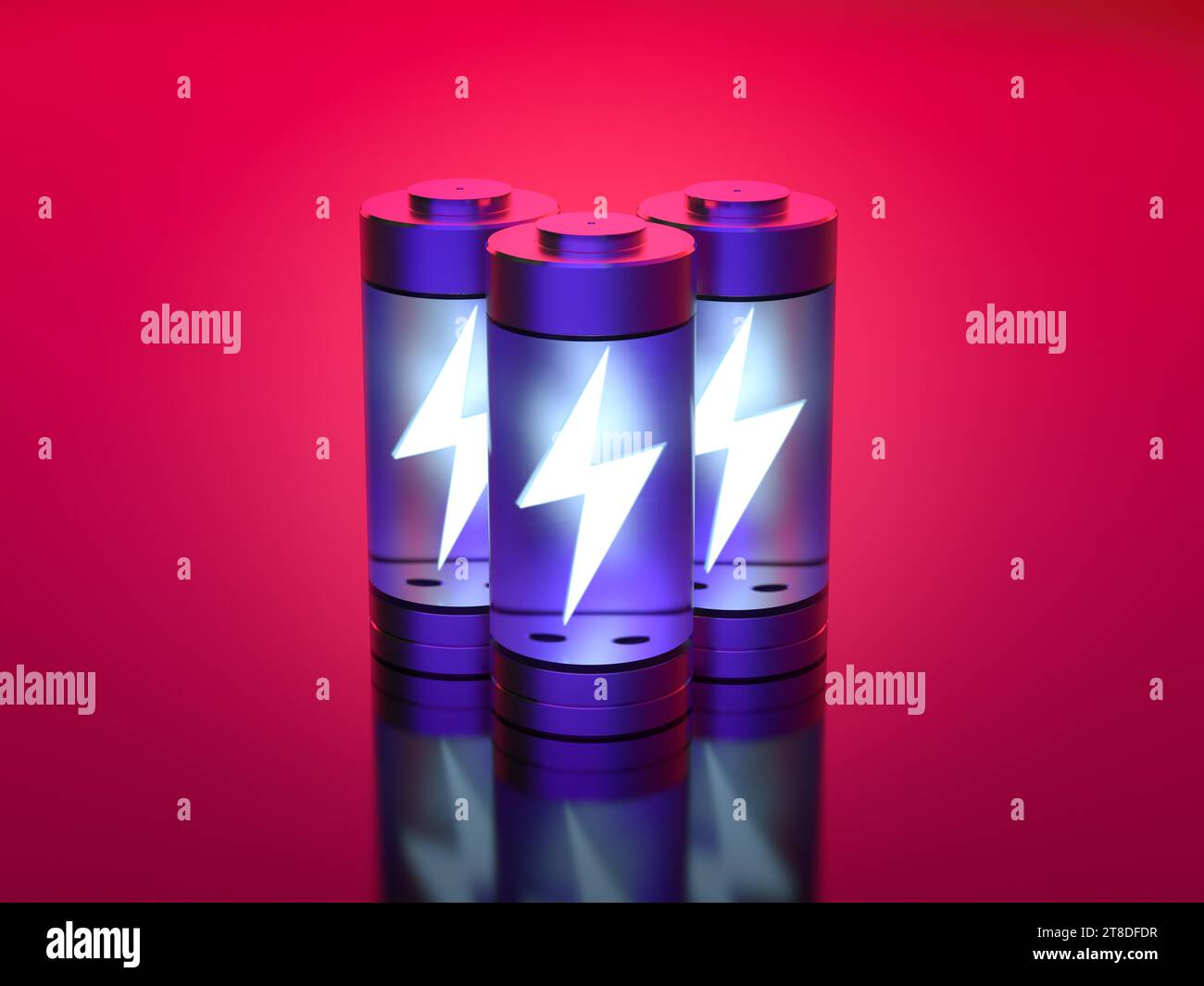 3D-Rendering-Gruppe von Lithium-Ionen- oder wiederaufladbaren Batterien Stockfoto