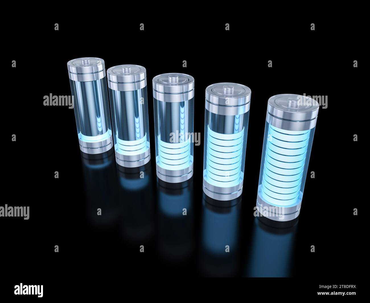 3D Rendering-Gruppe von Alkali- und li-Ionen- oder wiederaufladbaren Batterien Stockfoto