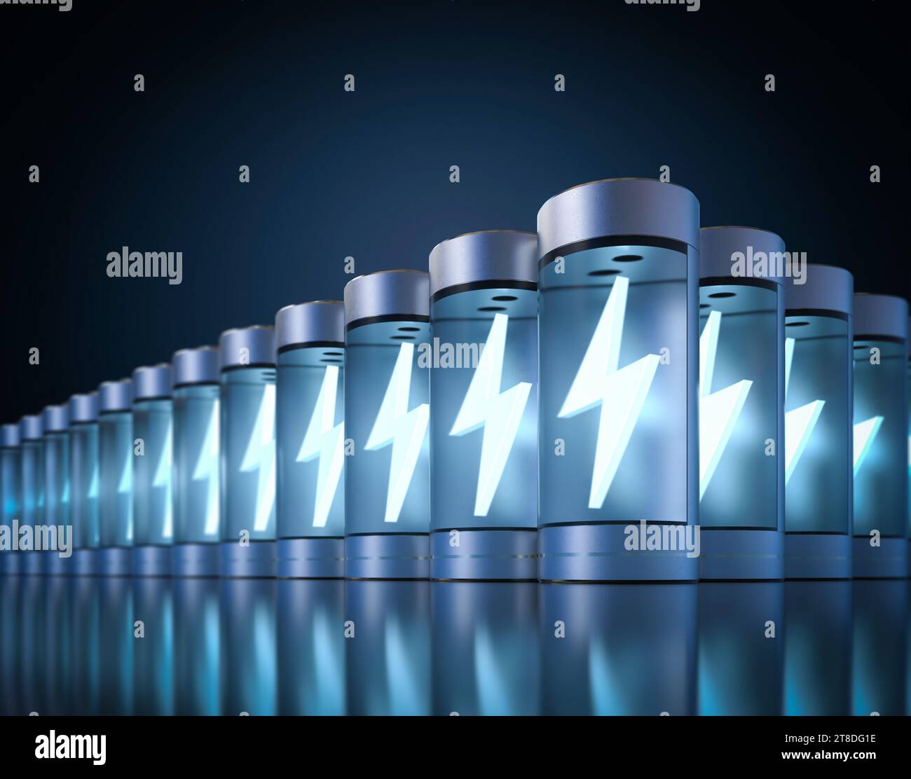 3D-Rendering-Gruppe von Lithium-Ionen- oder wiederaufladbaren Batterien mit Schraube Stockfoto
