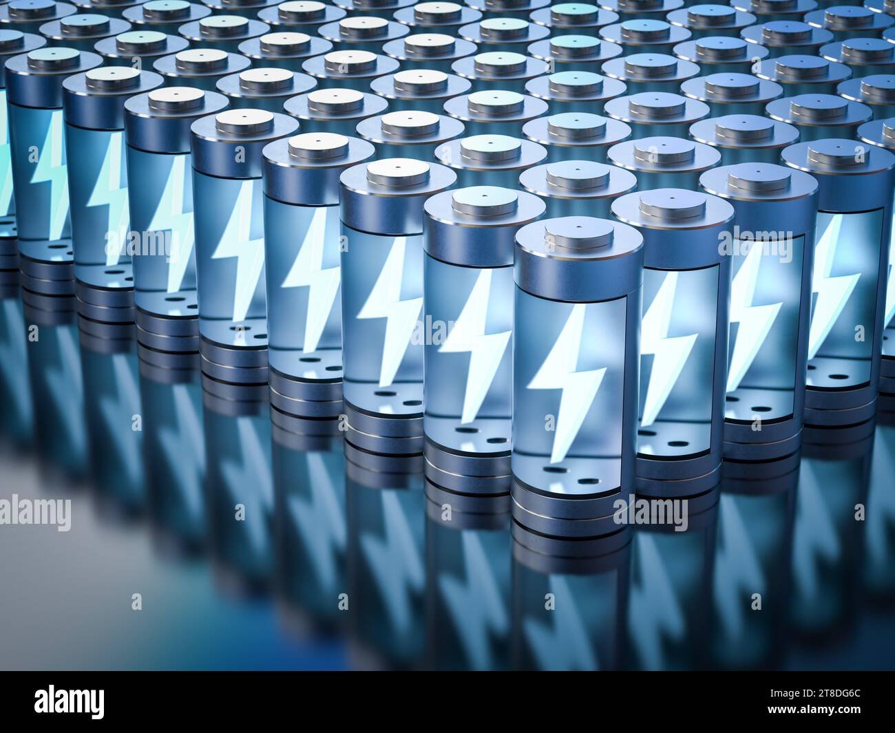 3D-Rendering-Gruppe von Lithium-Ionen- oder wiederaufladbaren Batterien mit Schraube Stockfoto