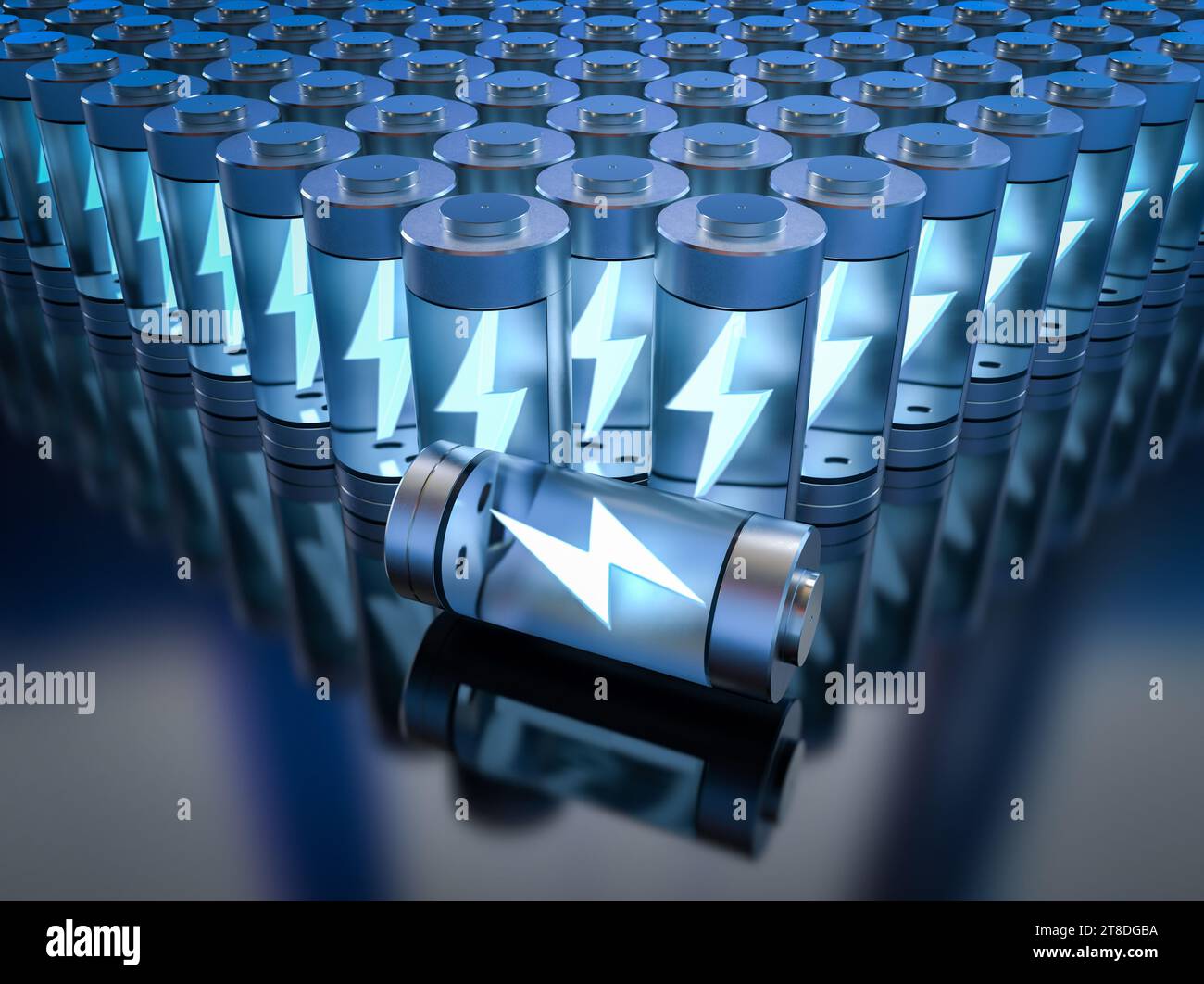 3D-Rendering-Gruppe von Lithium-Ionen- oder wiederaufladbaren Batterien mit Schraube Stockfoto