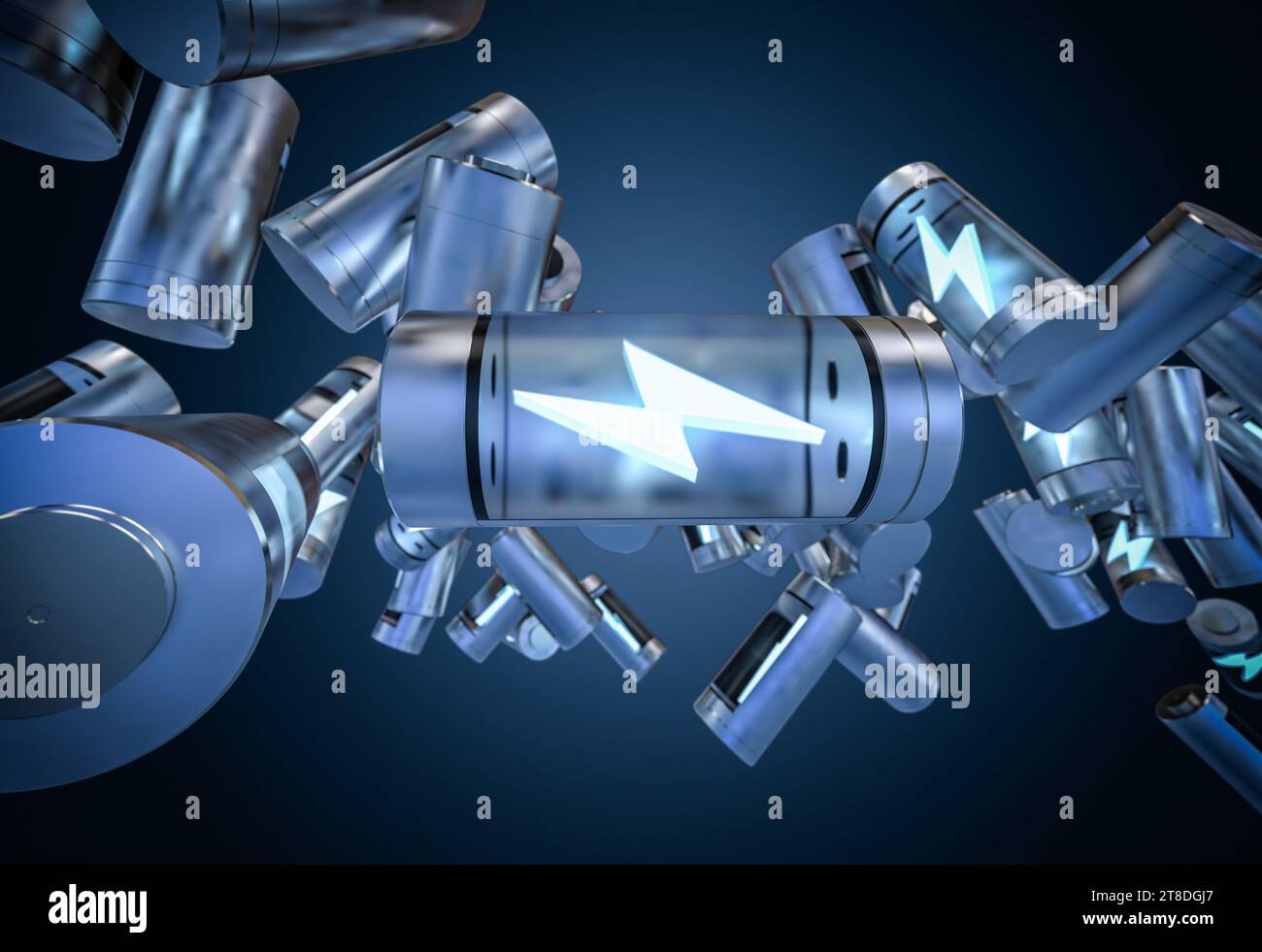 3D-Rendering-Gruppe von Lithium-Ionen- oder wiederaufladbaren Batterien mit Schraube Stockfoto