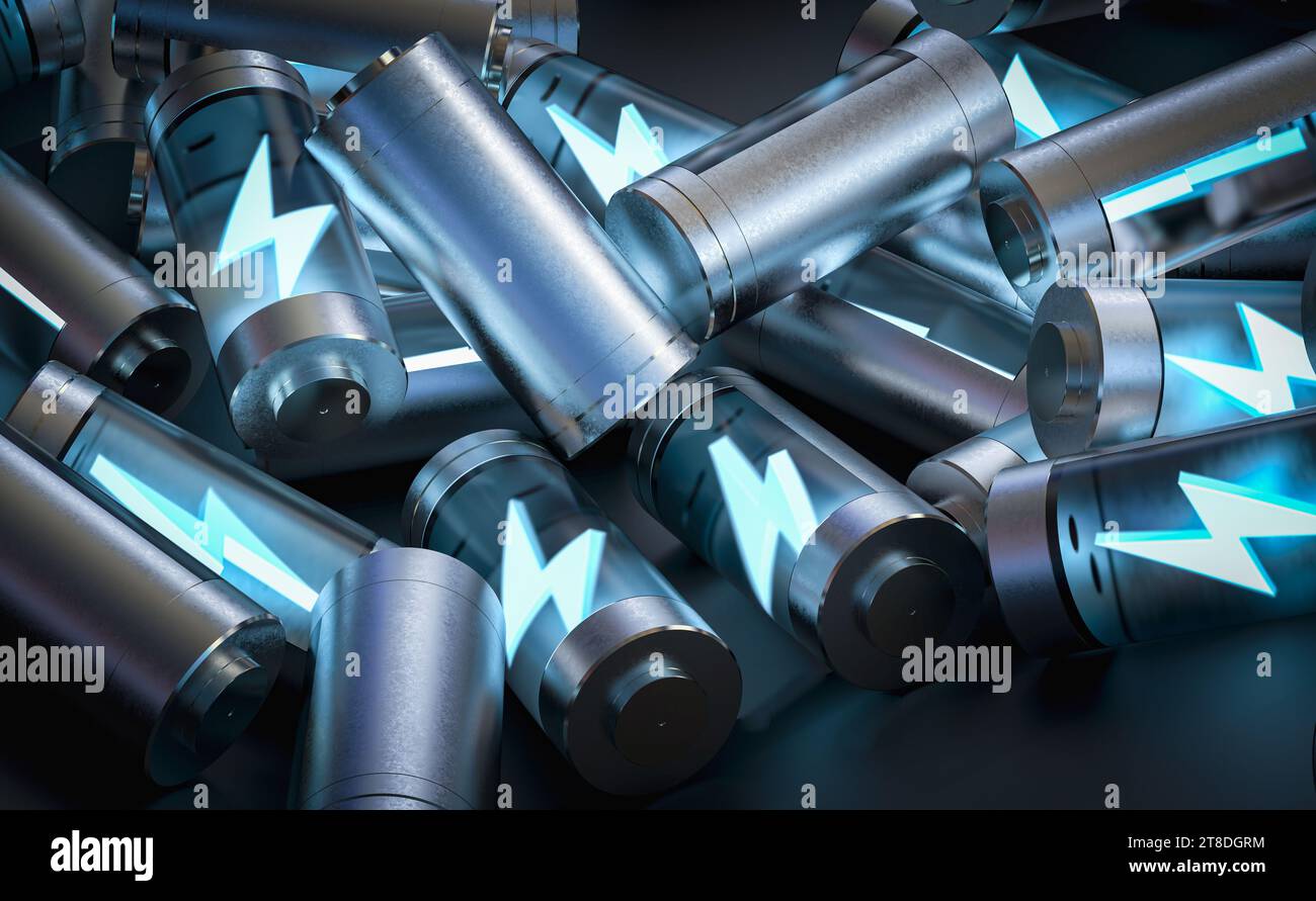 3D-Rendering-Gruppe von Lithium-Ionen- oder wiederaufladbaren Batterien mit Schraube Stockfoto