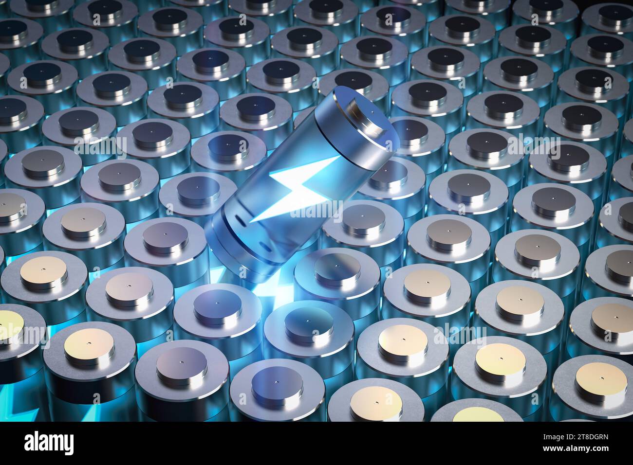 3D-Rendering-Gruppe von Lithium-Ionen- oder wiederaufladbaren Batterien mit Schraube Stockfoto