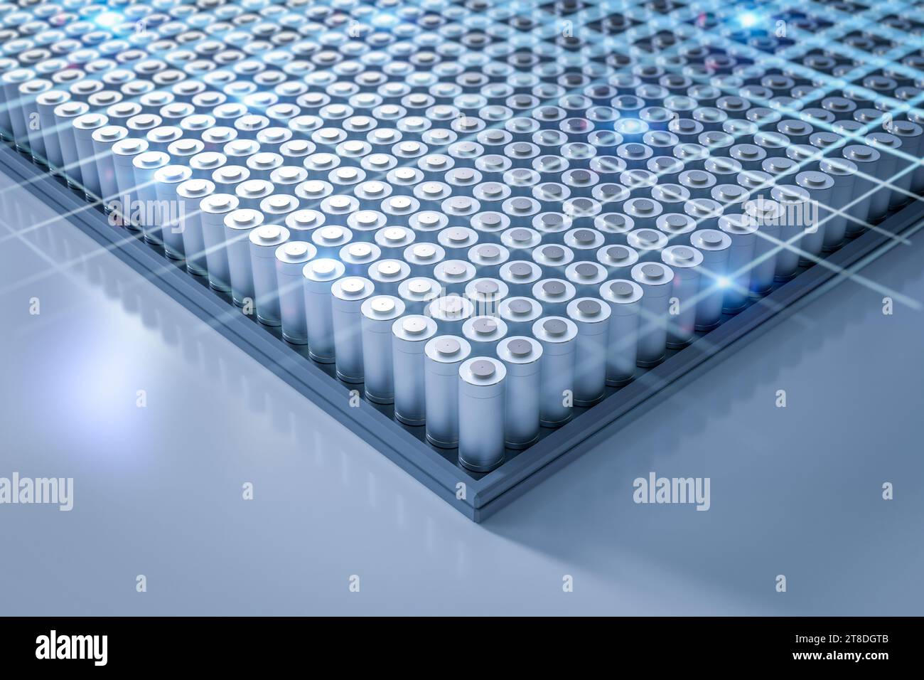3D-Rendering einer Gruppe von Alkali- oder wiederaufladbaren Batterien in einer Reihe Stockfoto