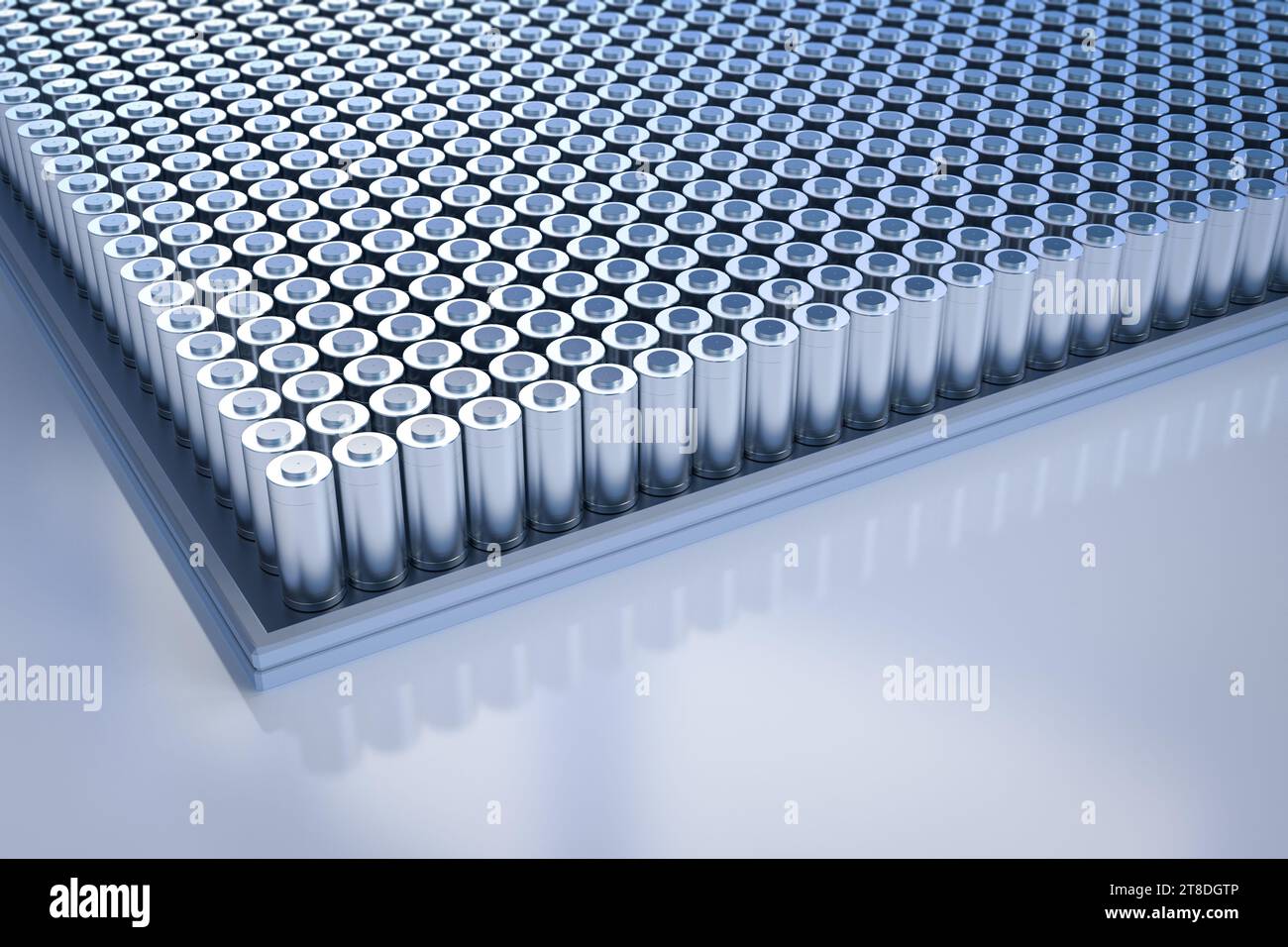 3D-Rendering einer Gruppe von Alkali- oder wiederaufladbaren Batterien in einer Reihe Stockfoto