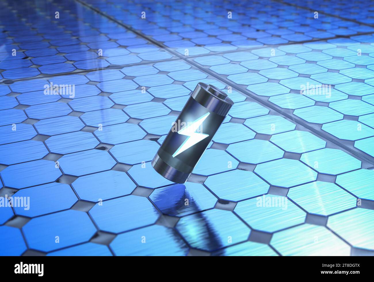 3D-Rendering von Alkali- oder wiederaufladbaren Batterien mit Solarmodul-Energie Stockfoto