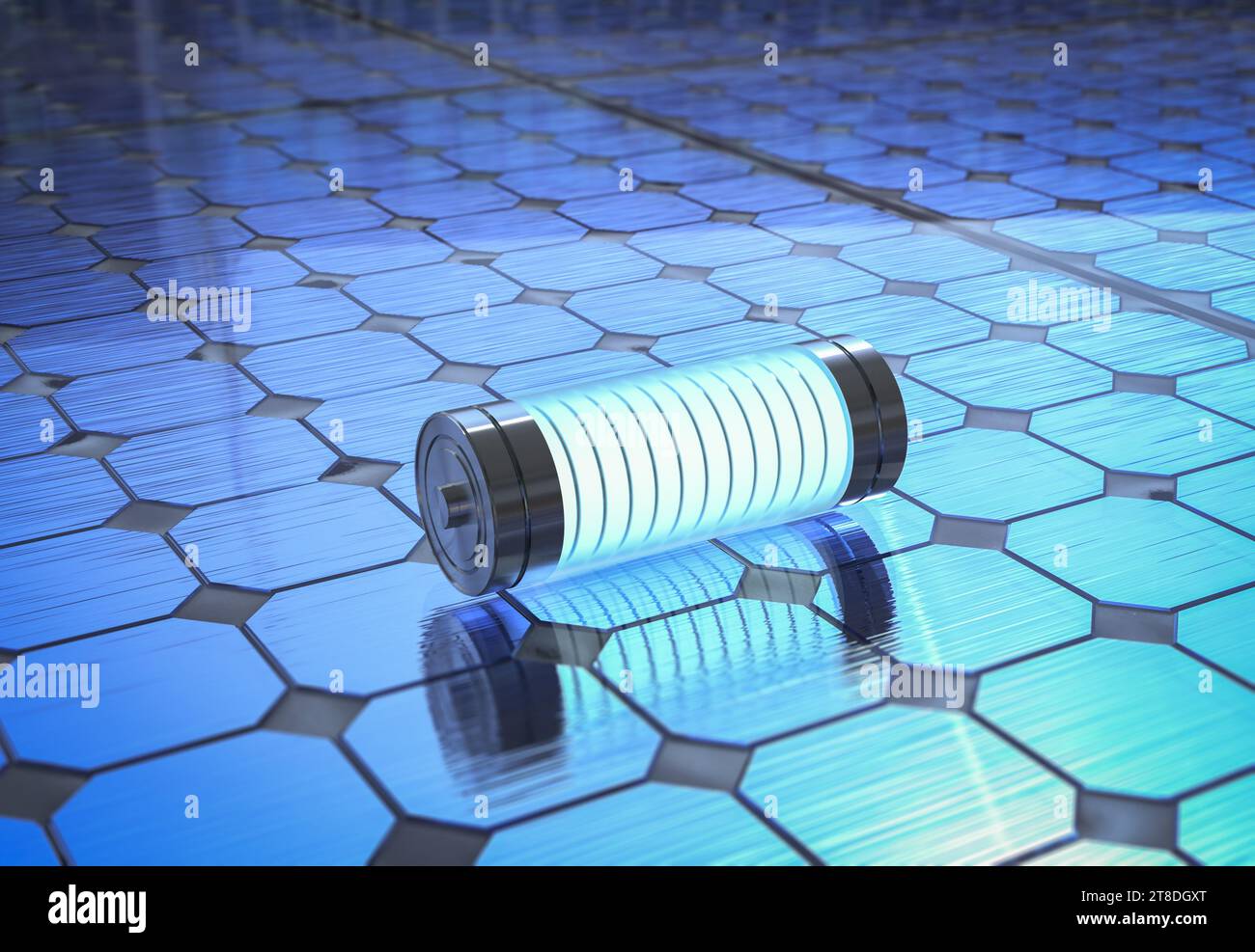 3D-Rendering von Alkali- oder wiederaufladbaren Batterien mit Solarmodul-Energie Stockfoto