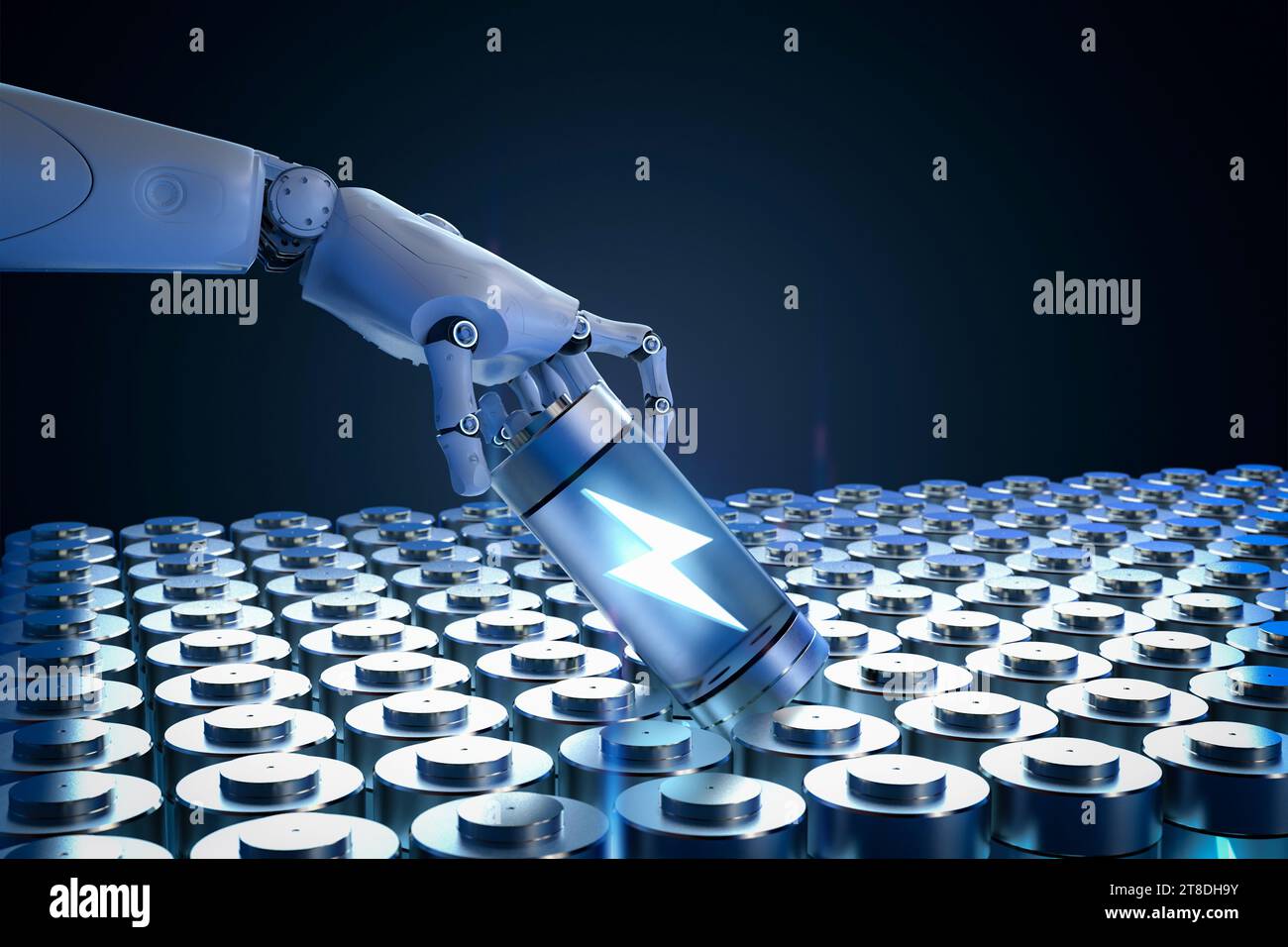Automatischer Akku mit 3D-Rendering-Li-Ion oder wiederaufladbaren Akkus in der Roboterhand Stockfoto