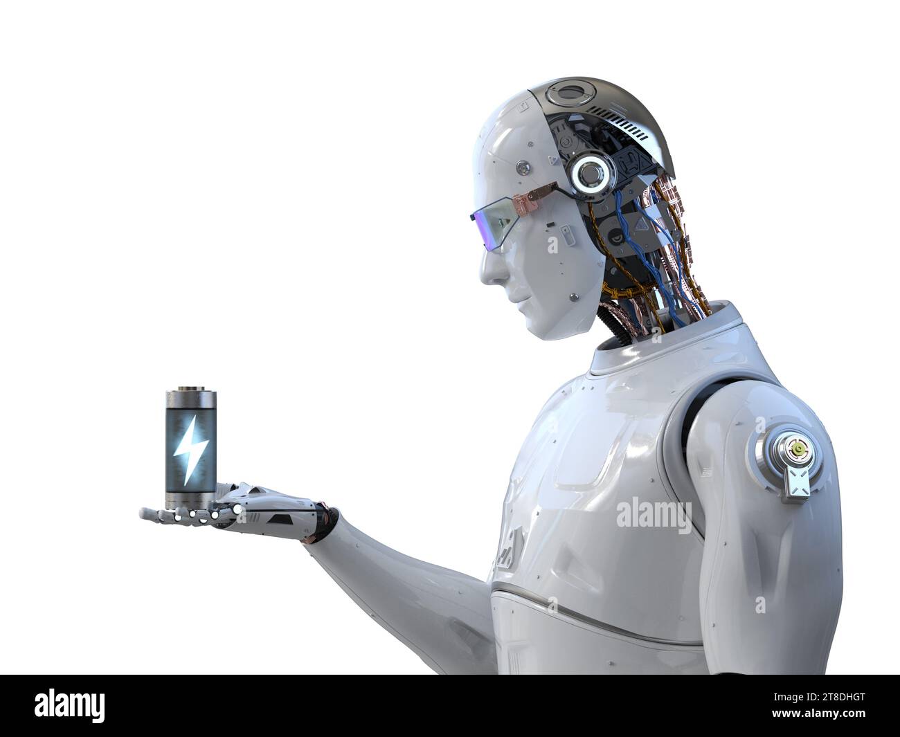 Automatischer Akku mit 3D-Rendering-Li-Ionen oder wiederaufladbaren Batterien in eigenhändig isolierten Assistenzrobotern Stockfoto