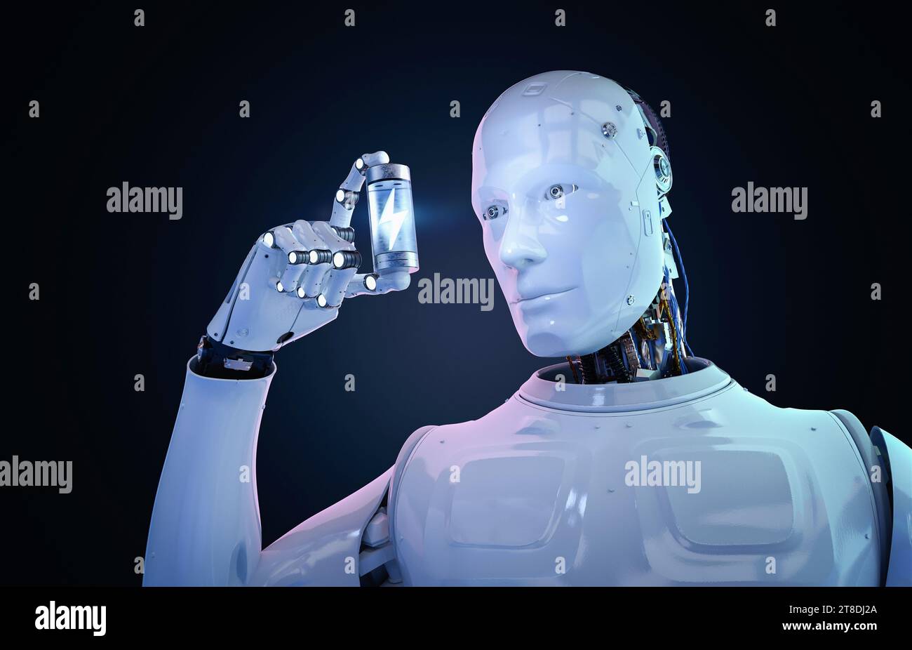 Automatischer Akku mit 3D-Rendering-Li-Ion oder wiederaufladbaren Akkus in der Roboterhand Stockfoto