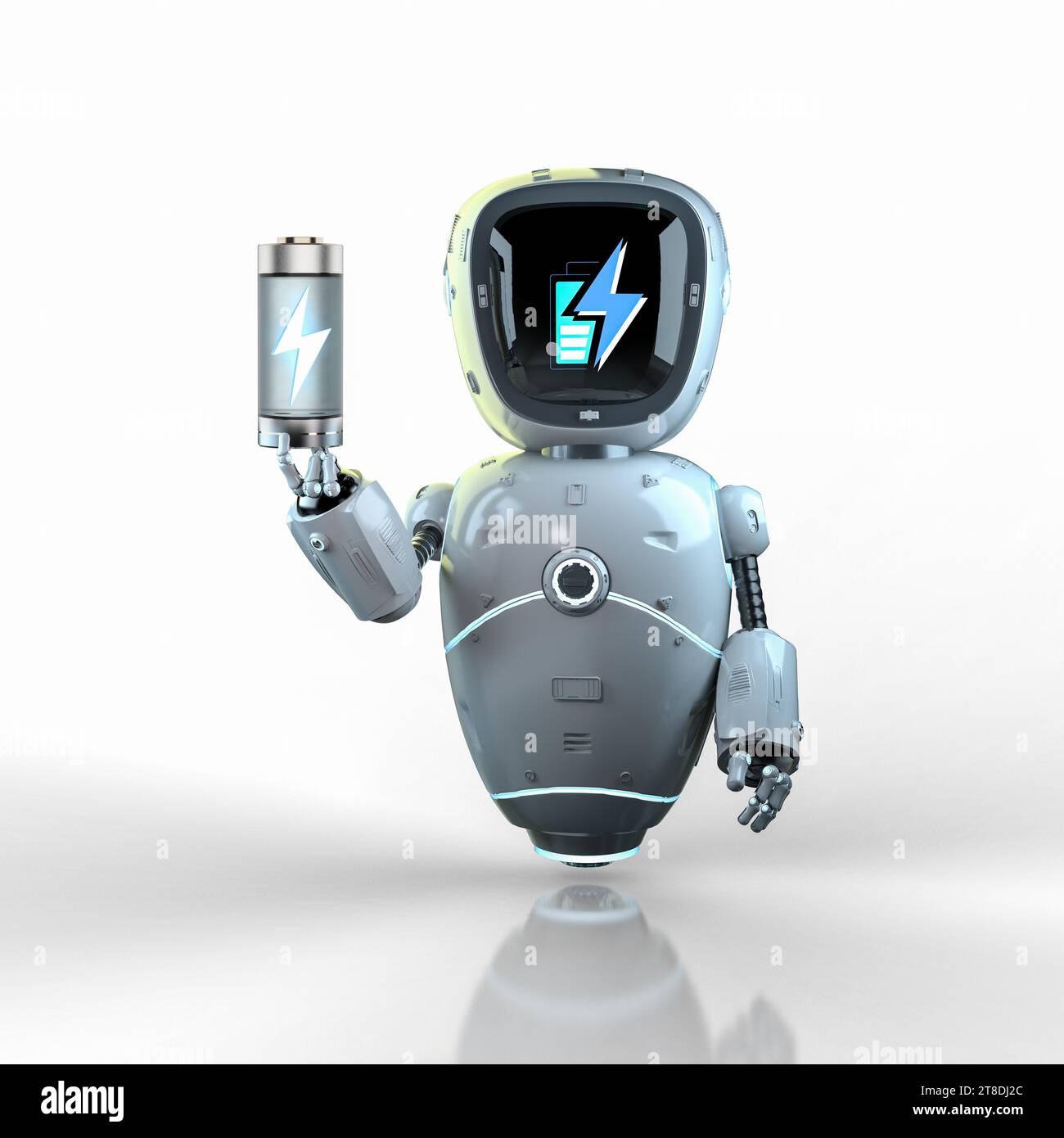 Automatischer Akku mit 3D-Rendering-Li-Ion oder wiederaufladbaren Akkus in der Roboterhand Stockfoto