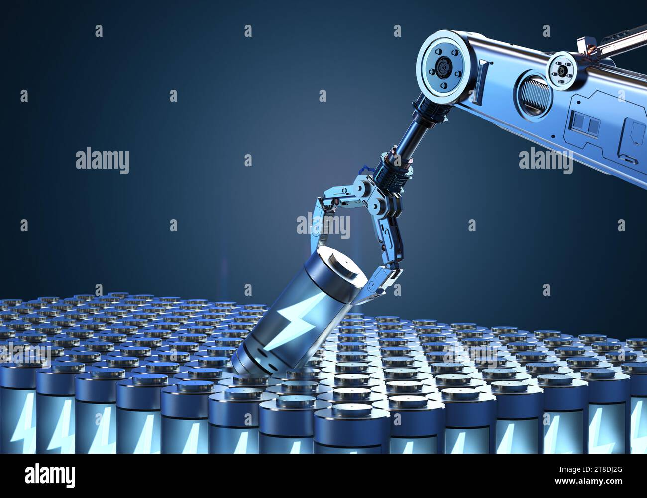 Automatischer Akku mit 3D-Rendering-Li-Ion oder wiederaufladbare Akkus mit Roboterarm Stockfoto
