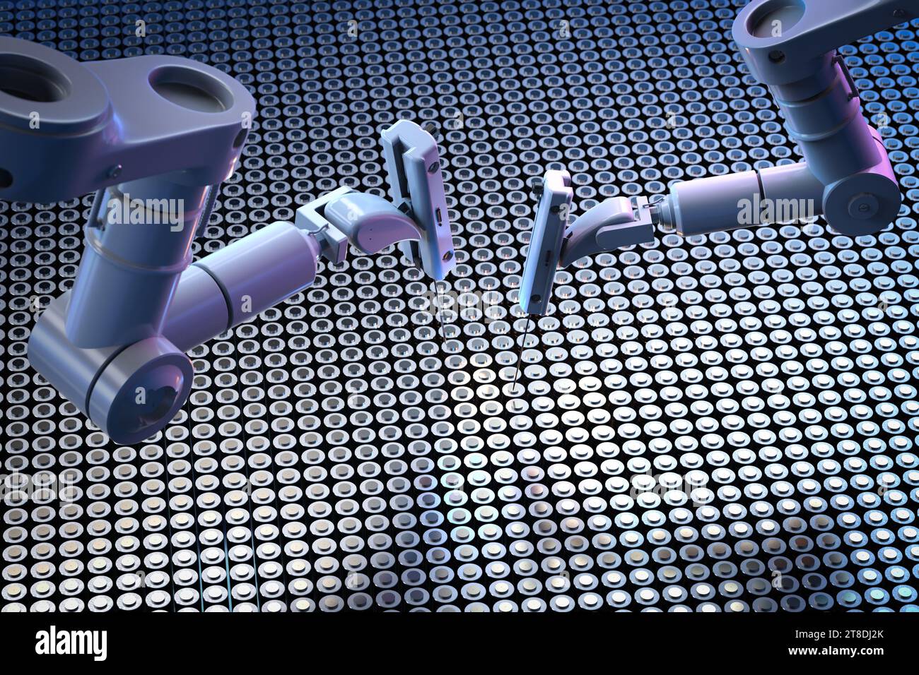 Automatischer Akku mit 3D-Rendering-Li-Ion oder wiederaufladbare Akkus mit Roboterarm Stockfoto