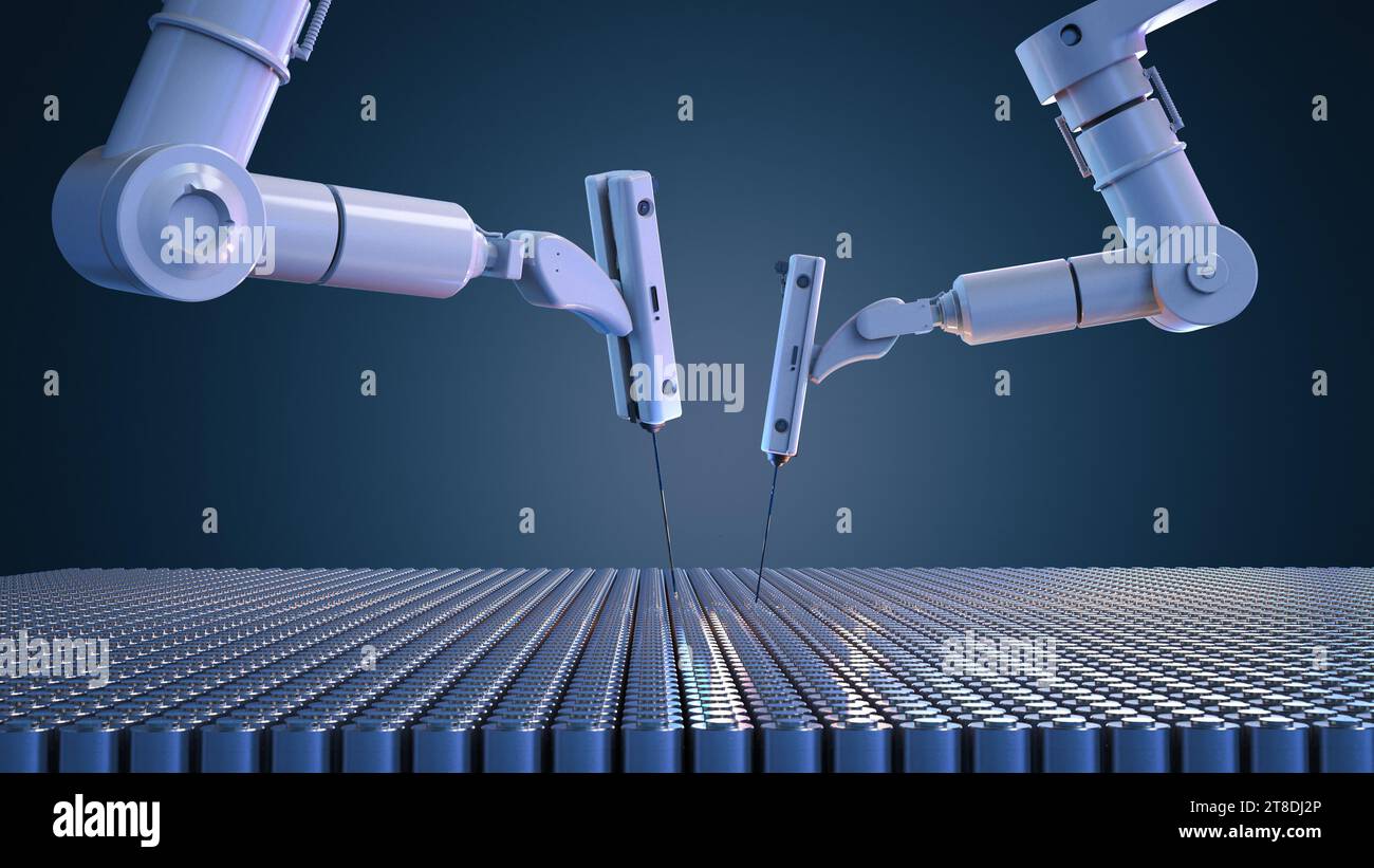 Automatischer Akku mit 3D-Rendering-Li-Ion oder wiederaufladbare Akkus mit Roboterarm Stockfoto