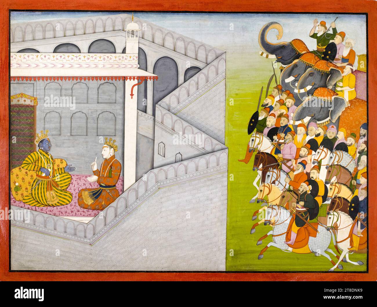 Die Belagerung von Mathura durch Jarasandha, aus der Serie Guler-Basholi, Bhagavata Purana, Gemälde in Gouache mit Gold von Fattu (zugeschrieben), 1769 Stockfoto