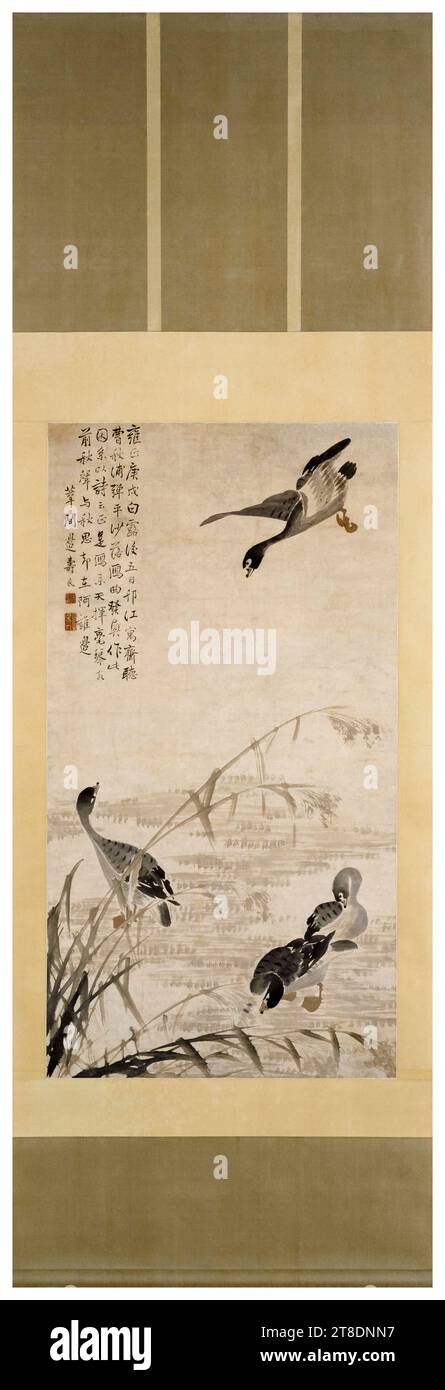 Bian Shoumin, chinesisches Hängeblatt aus dem 18. Jahrhundert, Gänse absteigend auf einer Sandbank, Tinte und leichte Farbe auf Papier, 1730 Stockfoto