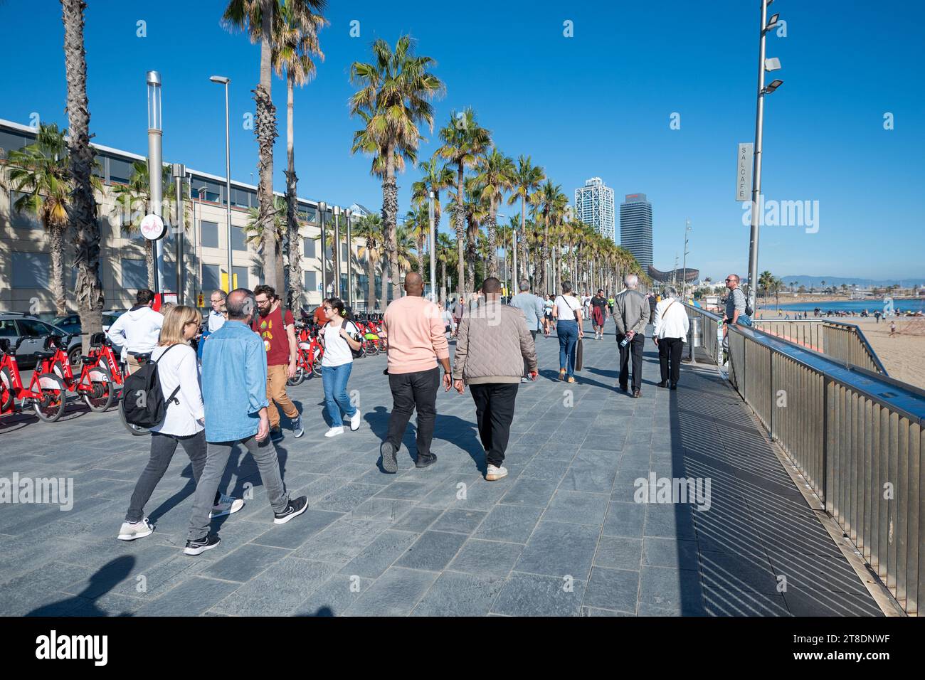 Barcelona, Spanien: 19. November 2023: Menschen spazieren am Strand Barceloneta an einem sonnigen Tag im Winter in Barcelona, Katalonien in Spanien im Winter 2023. Stockfoto