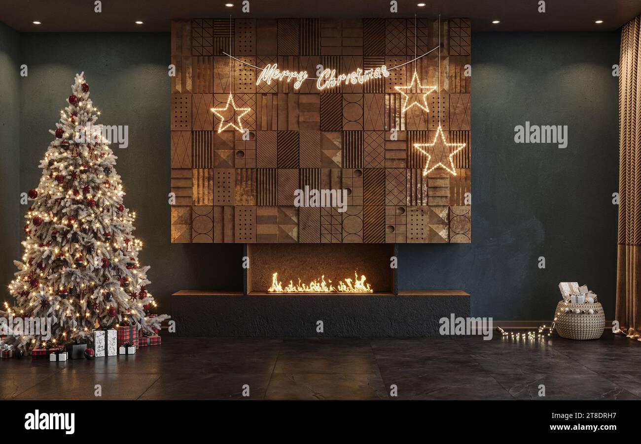 Modernes Wohnzimmer mit Kamin mit Weihnachtsbaum, Geschenkboxen, Lichtern und Kerzen. Neujahrsfeier, 3D-Rendering Stockfoto