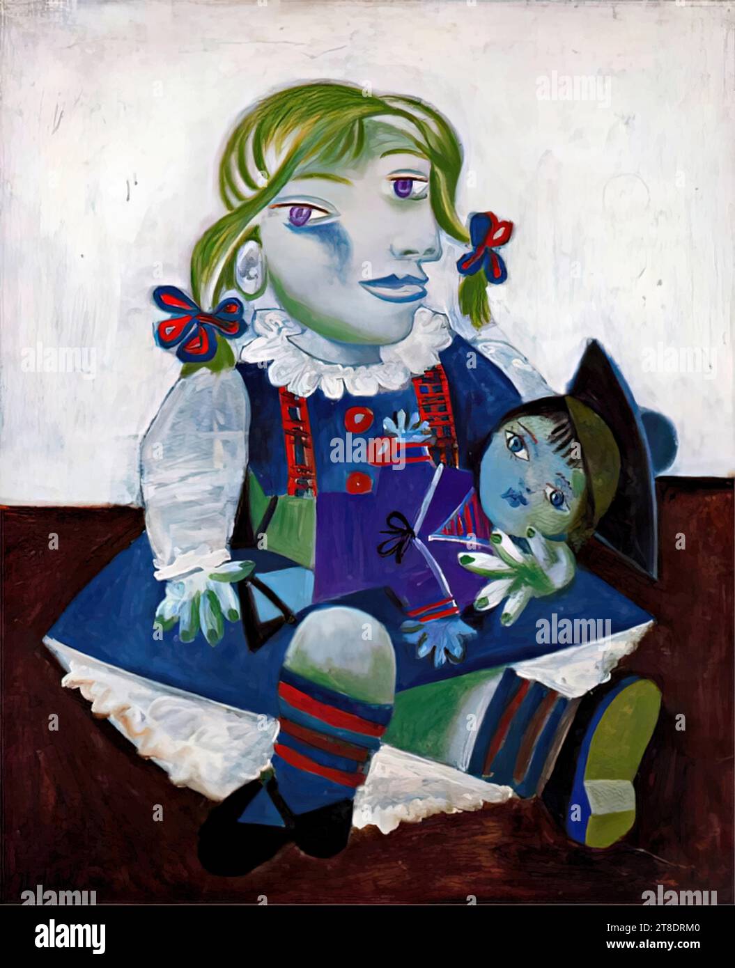 'Porträt der Maya mit ihrer Puppe 1938 (Öl auf Platte) von Künstler Picasso, Pablo (1881-1973) / Spanisch.' Stock Vektor