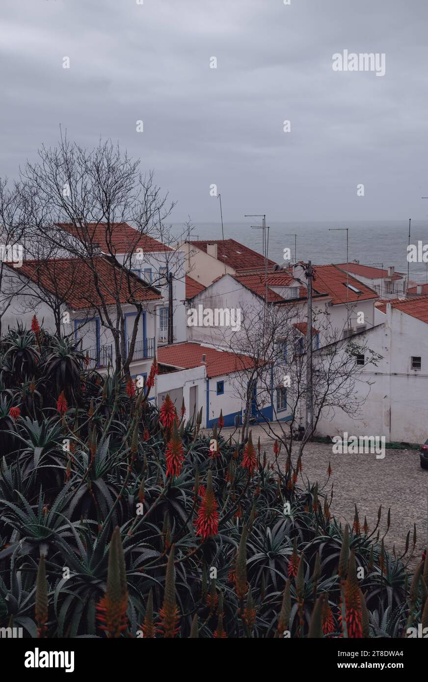 Weiße Häuser mit roten Ziegeldächern, wunderschöne Stadt an der Meeresküste Stockfoto