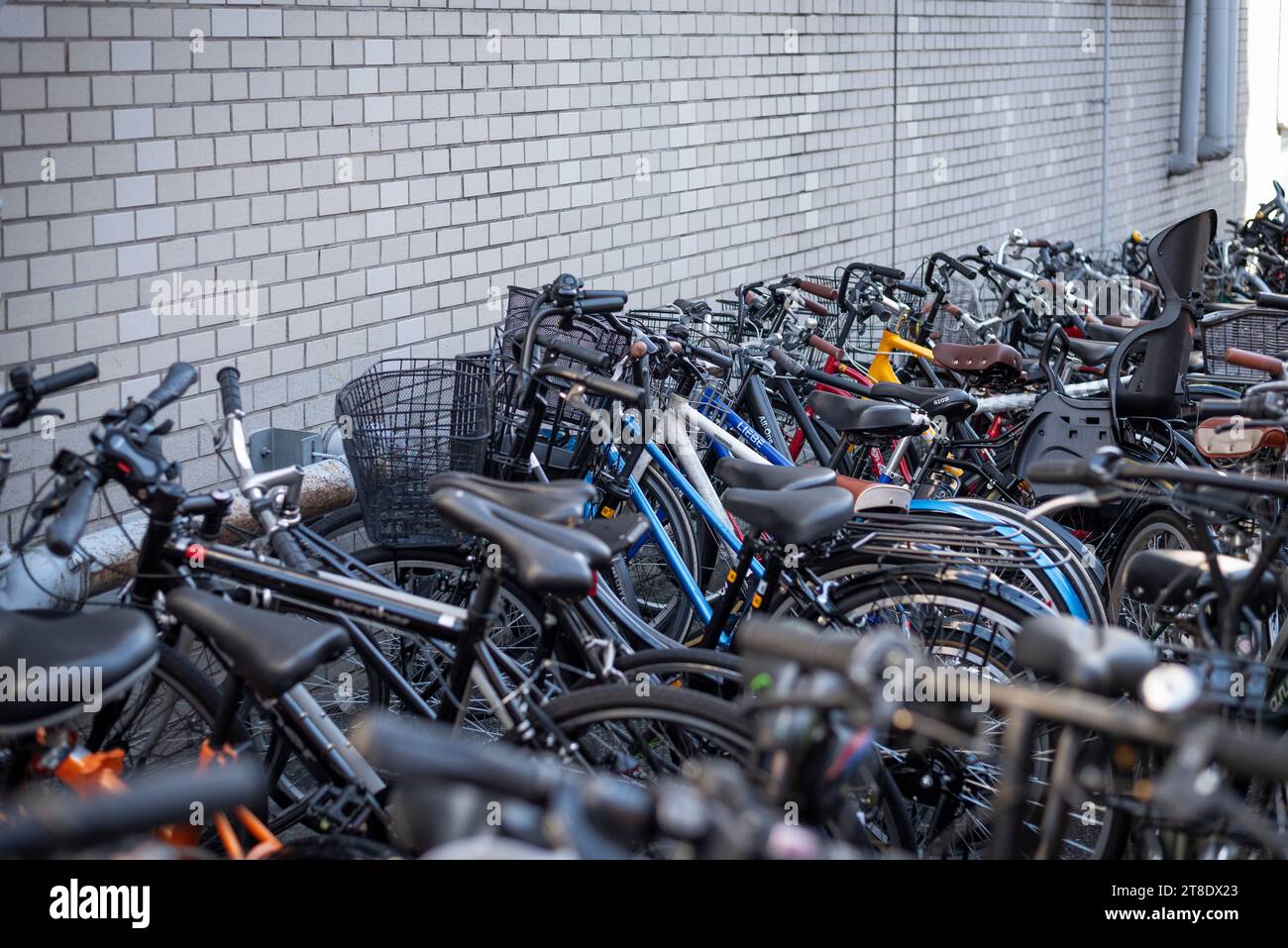 Japanische Fahrradparkplätze in der Nähe der Gebäudemauer Stockfoto