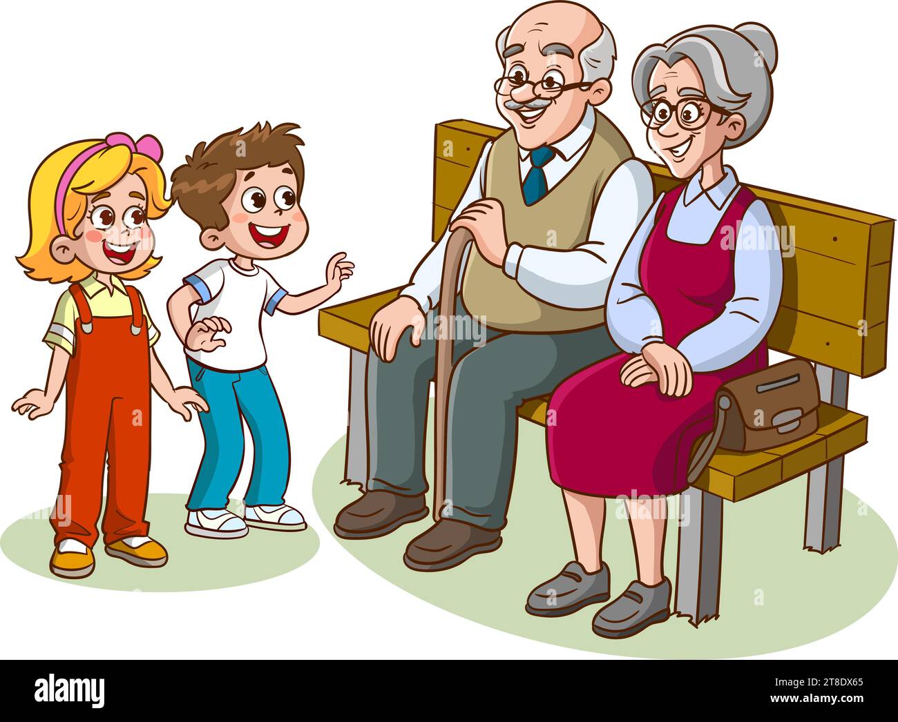 Großelternteil sitzt auf Bank und Enkelkind-Comic-Vektor Stock Vektor
