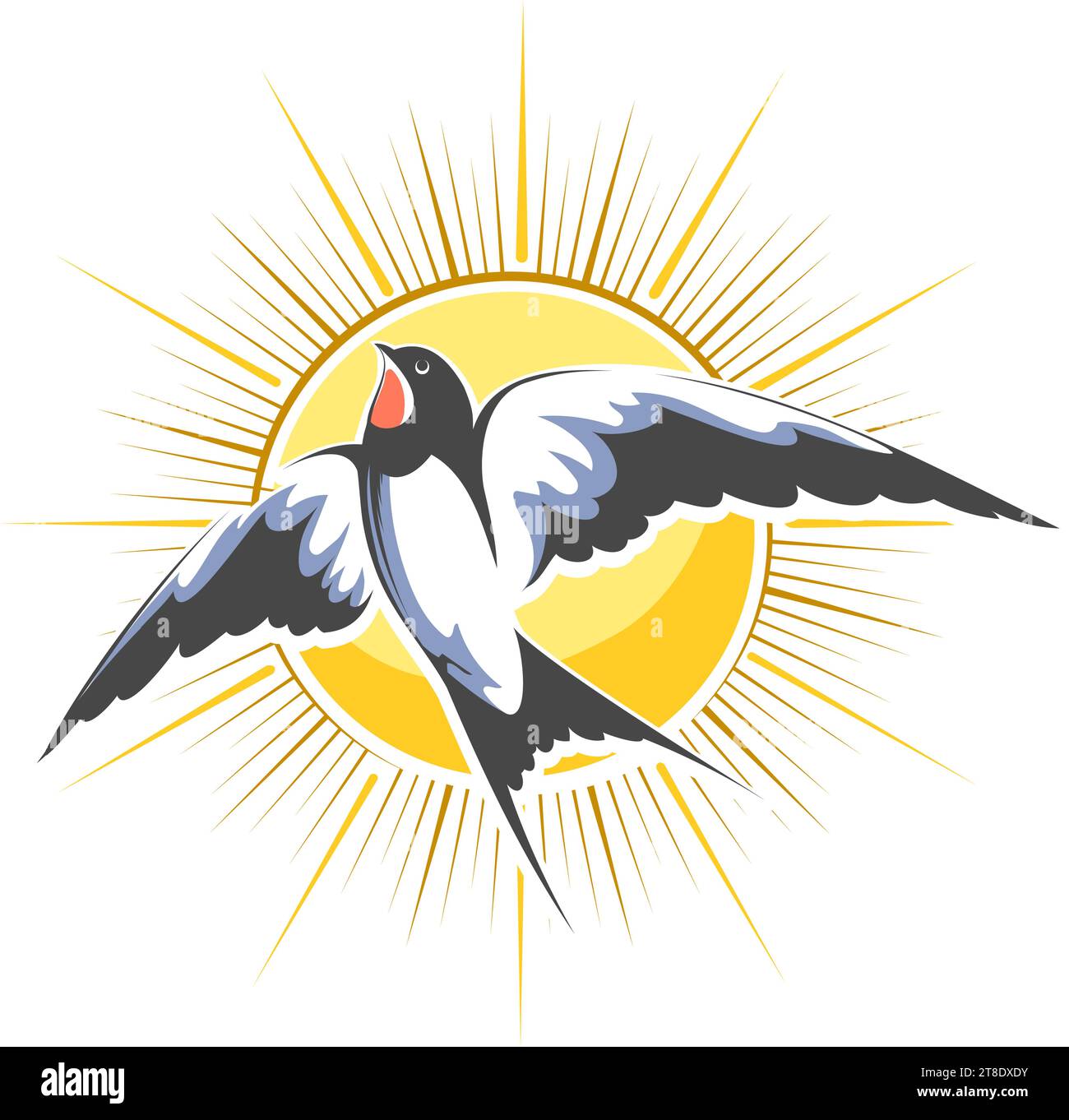 Fliegende Schwalbe auf leuchtender Sonne Hintergrund Emblem isoliert auf weiß. Vektorabbildung Stock Vektor