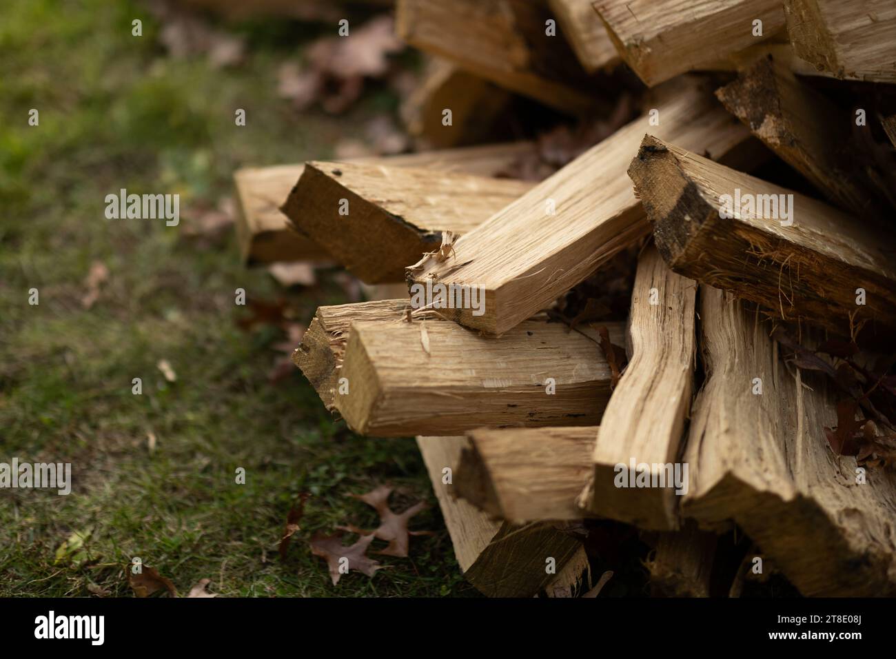 Schneiden Sie Holz in einen Holzstapel Stockfoto