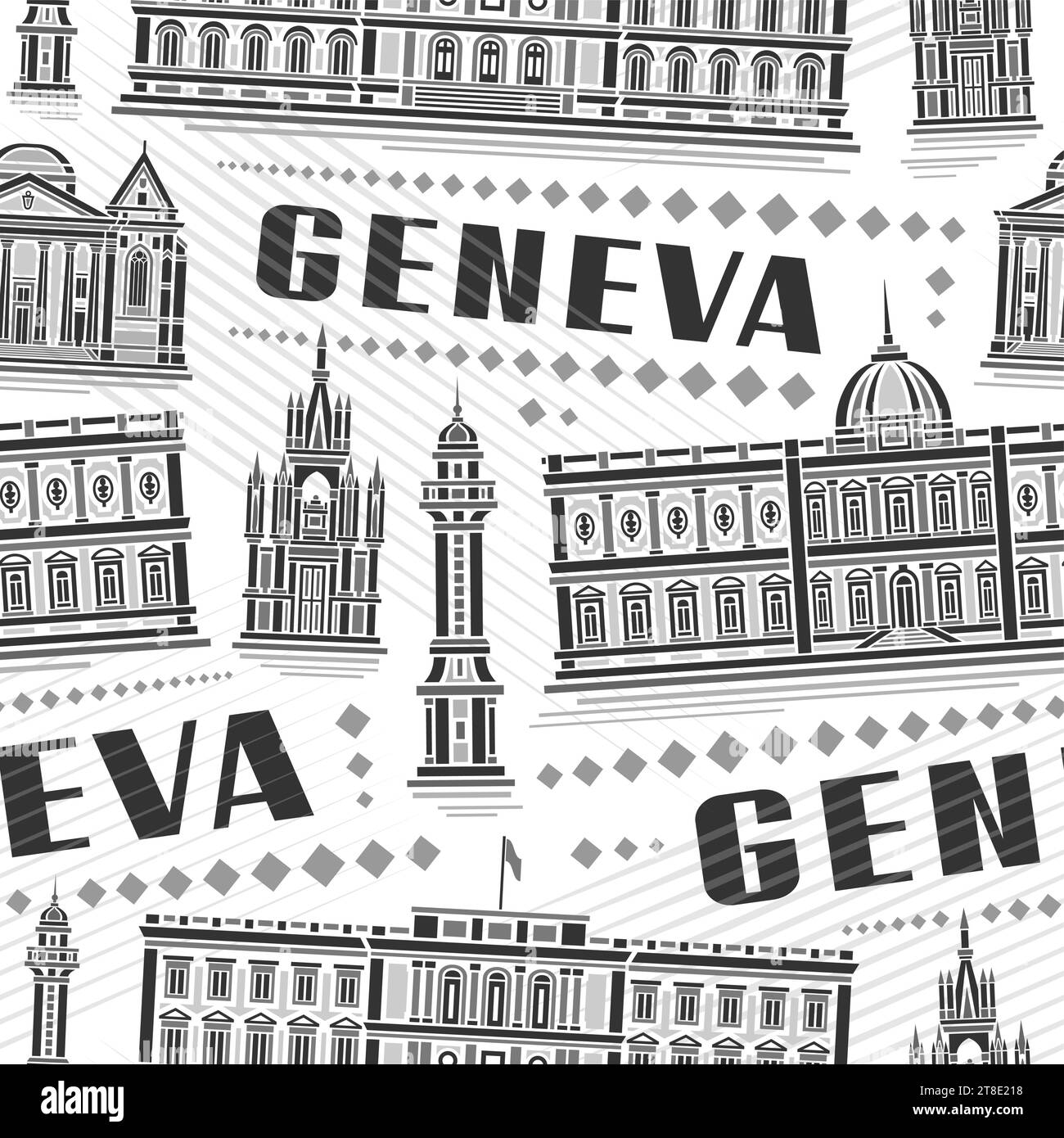 Vektor Genf nahtloses Muster, Quadrat wiederholender Hintergrund mit Illustration der europäischen genfer Stadtlandschaft auf weißem Hintergrund, monochrome Linie Art u Stock Vektor