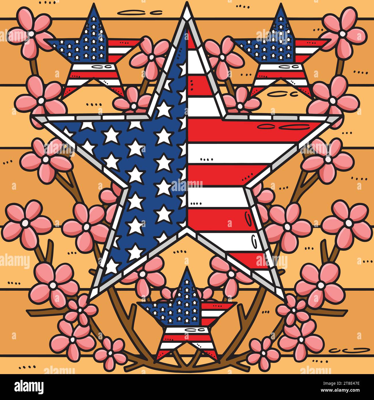 Memorial Day Star US Flag Blumen farbiger Cartoon Stock Vektor