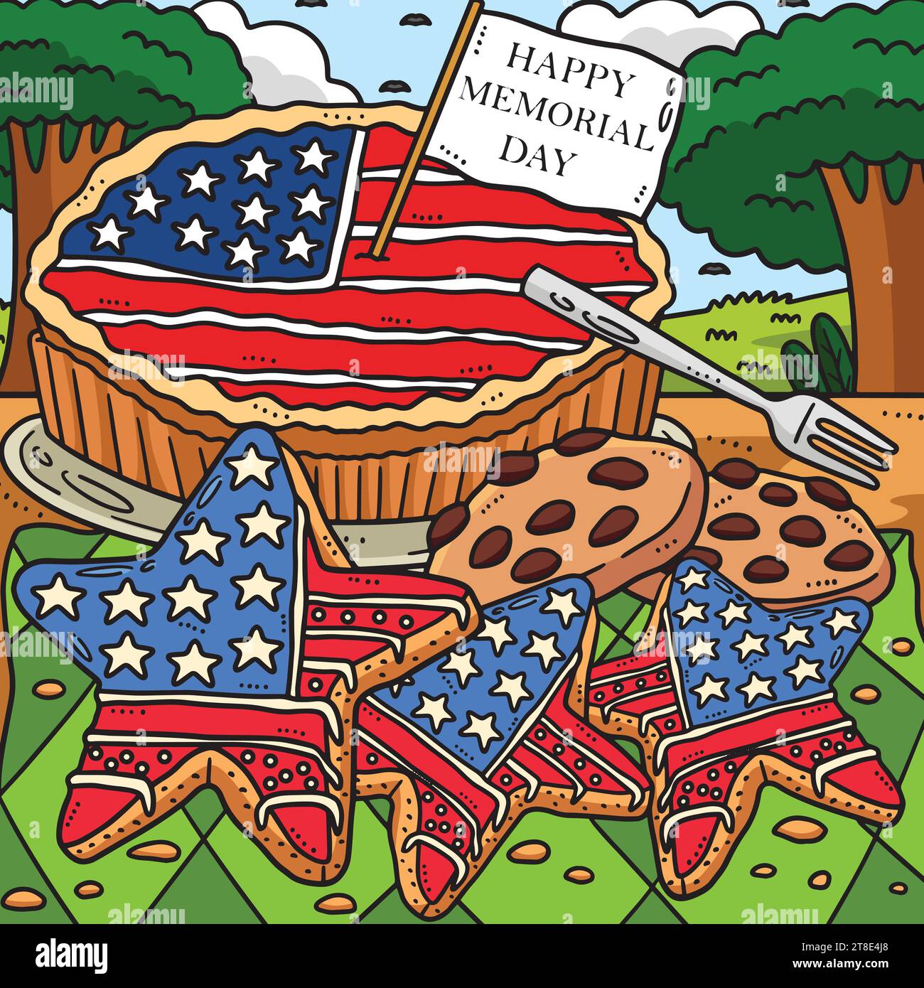 Memorial Day Star Cookies und Pie Colored Cartoon Stock Vektor
