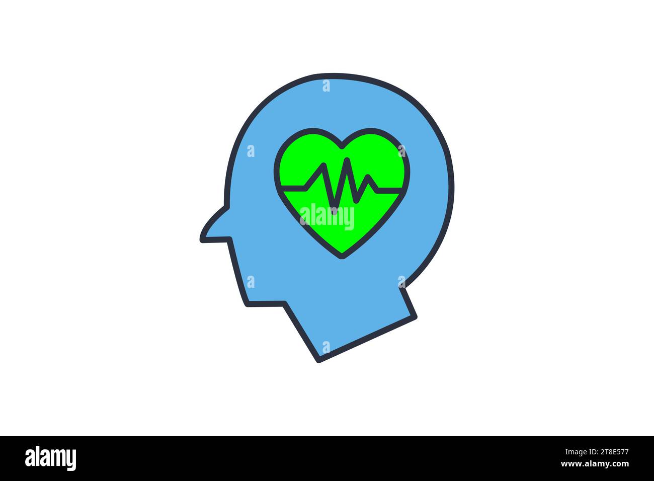 Symbol für psychische Gesundheit. Menschlicher Kopf Pulssymbol, medizinisches Gehirn und Herz. Symbol für psychische Gesundheit, Meditation, Wellness. Symbolstil für flache Linien. Einfach Stock Vektor