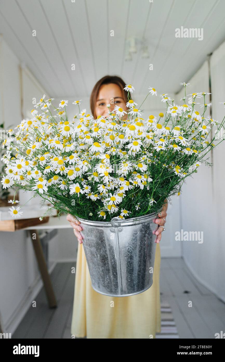Eine Frau hält einen großen Eimer voller Gänseblümchen aus Stockfoto