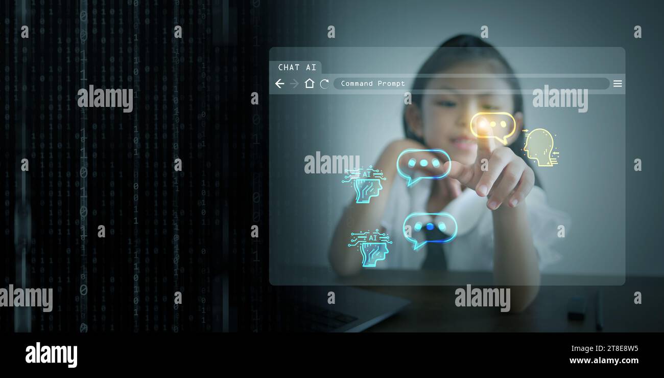 Chat Bot Chat mit AI. Virtuelle Grafik der KI-Technologie und der globalen Verbindung. Ein Mädchen lernt, wie man die Eingabeaufforderung benutzt, um Ergebnisse zu generieren. Futuristische Pädagogik Stockfoto
