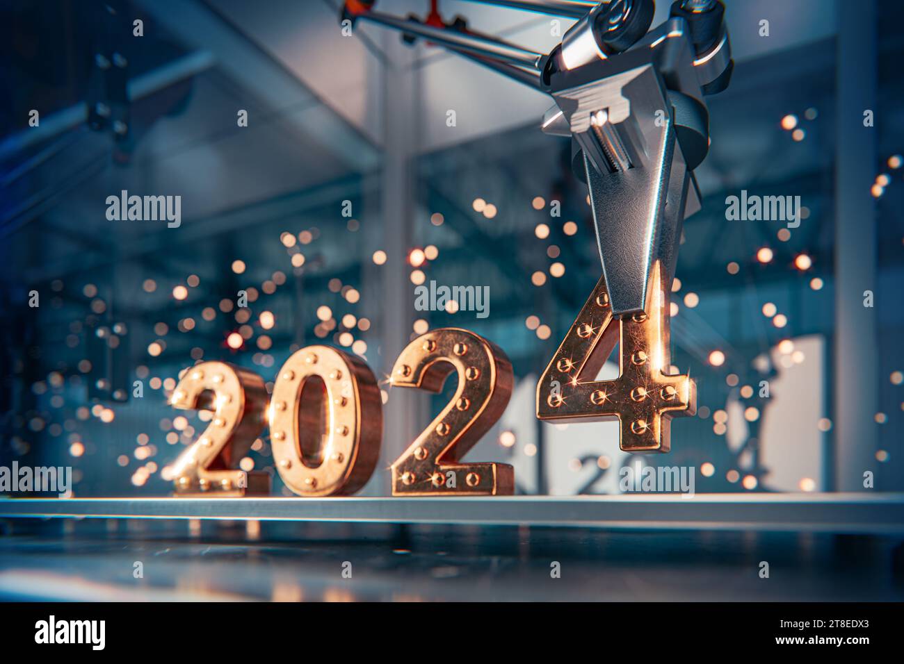 Mit seinem 3-Achsen-Arm ordnet der Roboter die Inschrift 2024 sorgfältig an. Funken kaskadieren im Hintergrund Stockfoto