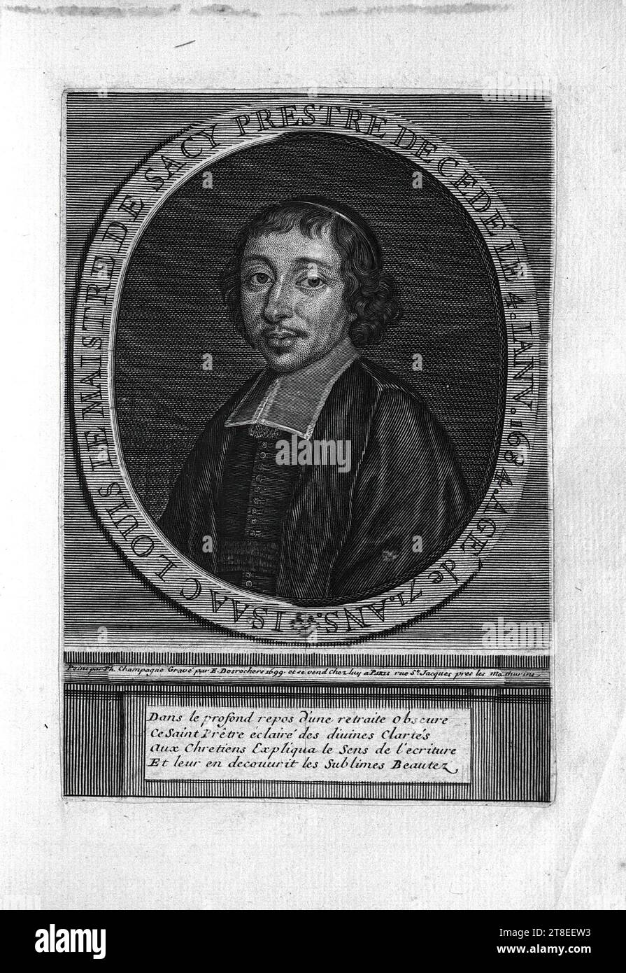 ISAAC LOUIS LE MAISTRE DE SACY PRESTRE VERSTORBEN AM 4.IANV.1684 ALTER 71 JAHRE. Gemalt von Ph. Sekt mit Kupferstich von E. Desrochers 1699. Und wird in luy a Paris rue St. jacques pres les Mathurins verkauft. Im tiefen Rest eines undurchsichtigen Rückzugs erklärte der Heilige Priester, der die Diuinen Clartés den Christen aufklärte, den Sinn der Schrift und entkouurierte ihnen die erhabenen Schönheiten dieser Schrift Stockfoto