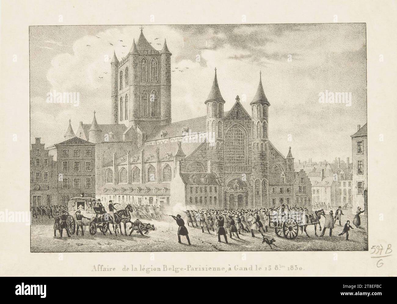 Straßenkampf zwischen der Légion belge-parisienne und den Orangisten in Gent, 1830. Im Hintergrund die Kirche St. Nikolaus. Gent. Belgische Unabhängigkeit. Affäre der belgisch-Pariser Legion am 15. Oktober 1830 in Gent Stockfoto