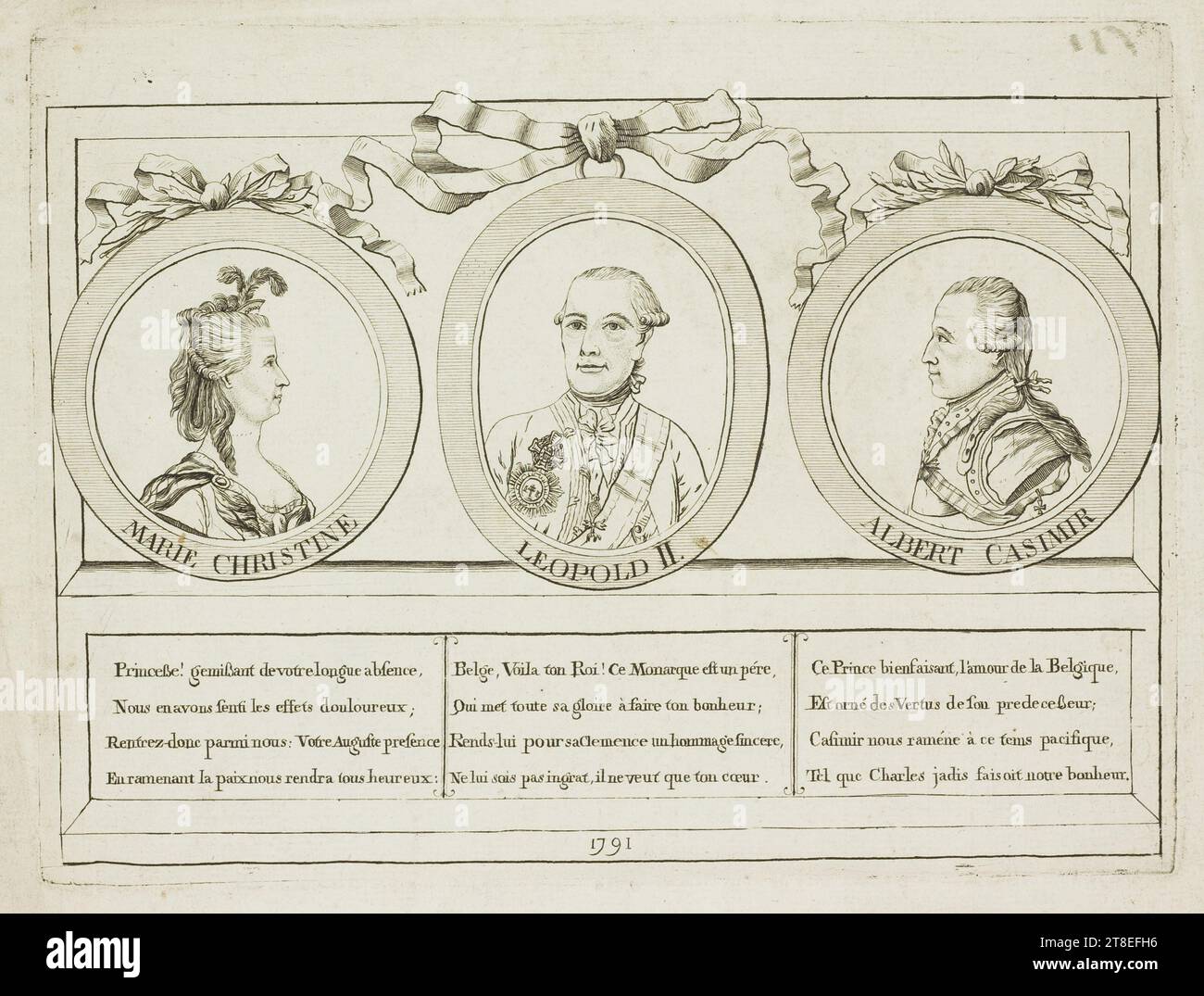 MARIE CHRISTINE LEOPOLD II ALBERT CASIMIR. Prinz! Wir trauern um Ihre lange Abwesenheit und haben die schmerzhaften Auswirkungen davon gespürt; kommt zurück unter uns: Eure Augustpräsenz wird uns glücklich machen: Belgier, hier ist dein König! Dieser Monarch ist ein Vater, der all seinen Ruhm dafür verwendet, dein Glück zu schaffen; zahle ihm für seine Gnade eine aufrichtige Hommage, sei ihm nicht undankbar, er will nur dein Herz. Dieser wohltätige Prinz, die Liebe Belgiens, ist mit den Tugenden seines predeceβeur geschmückt; Kasimir bringt uns zurück in diese friedliche Zeit Stockfoto
