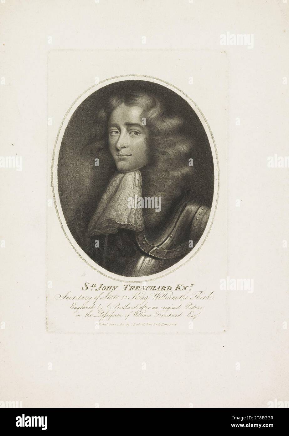 SR. JOHN TRENCHARD KNT. Staatssekretär für König Wilhelm III. Gravur von C. Bestland, nach einem Originalbild im Besitz von William Trenchard Esqr. Veröffentlicht im Juni 2,1803 von C.Bestland, West End, Hampstead Stockfoto