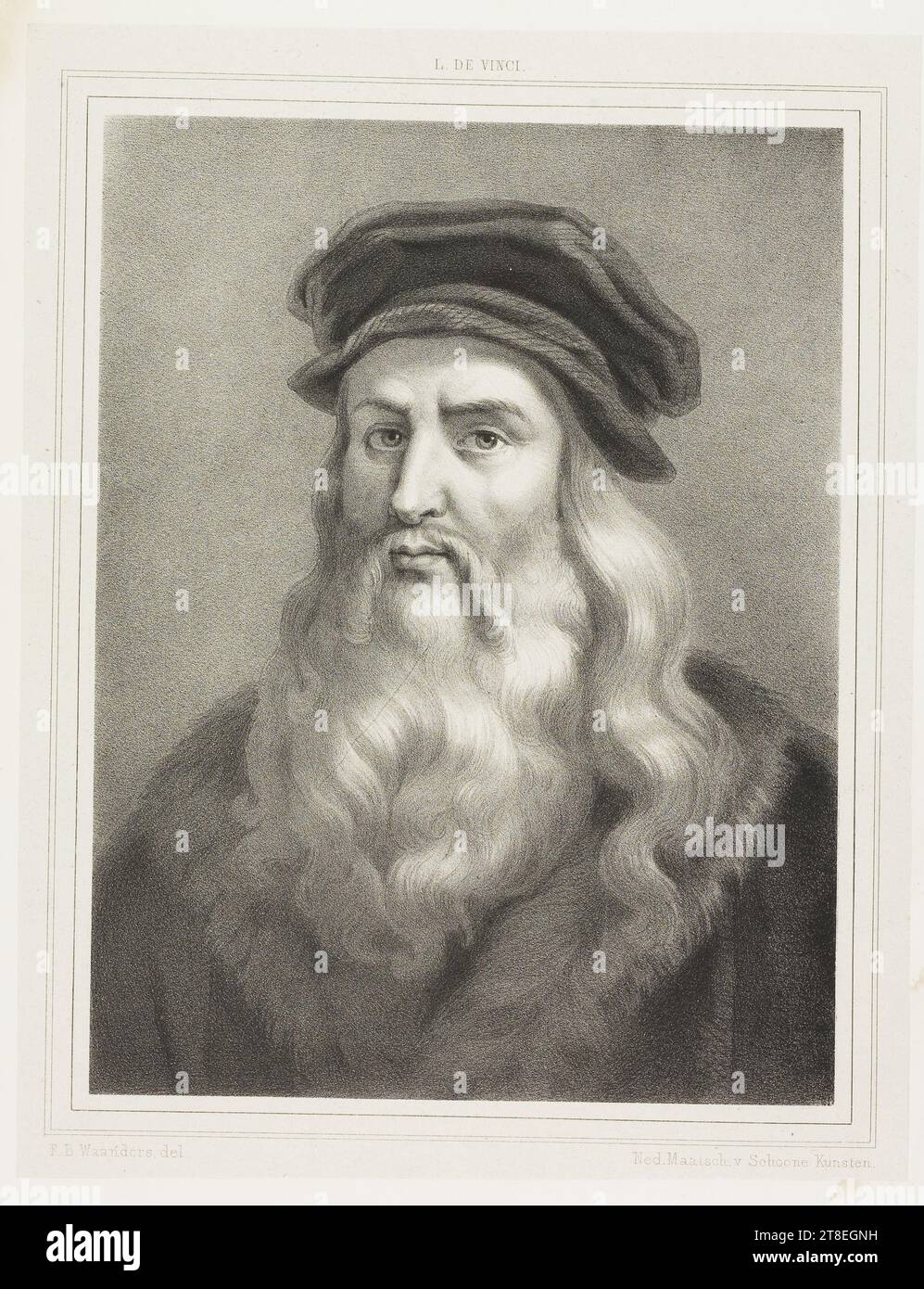 L. DE VINCI. F. B. Waanders, del. Ned. Maatsch. v Schoone Kunsten. LEONARD DE VINCI. [Später hinzugefügt, da auf anderem Stützelement angezeigt wird Stockfoto