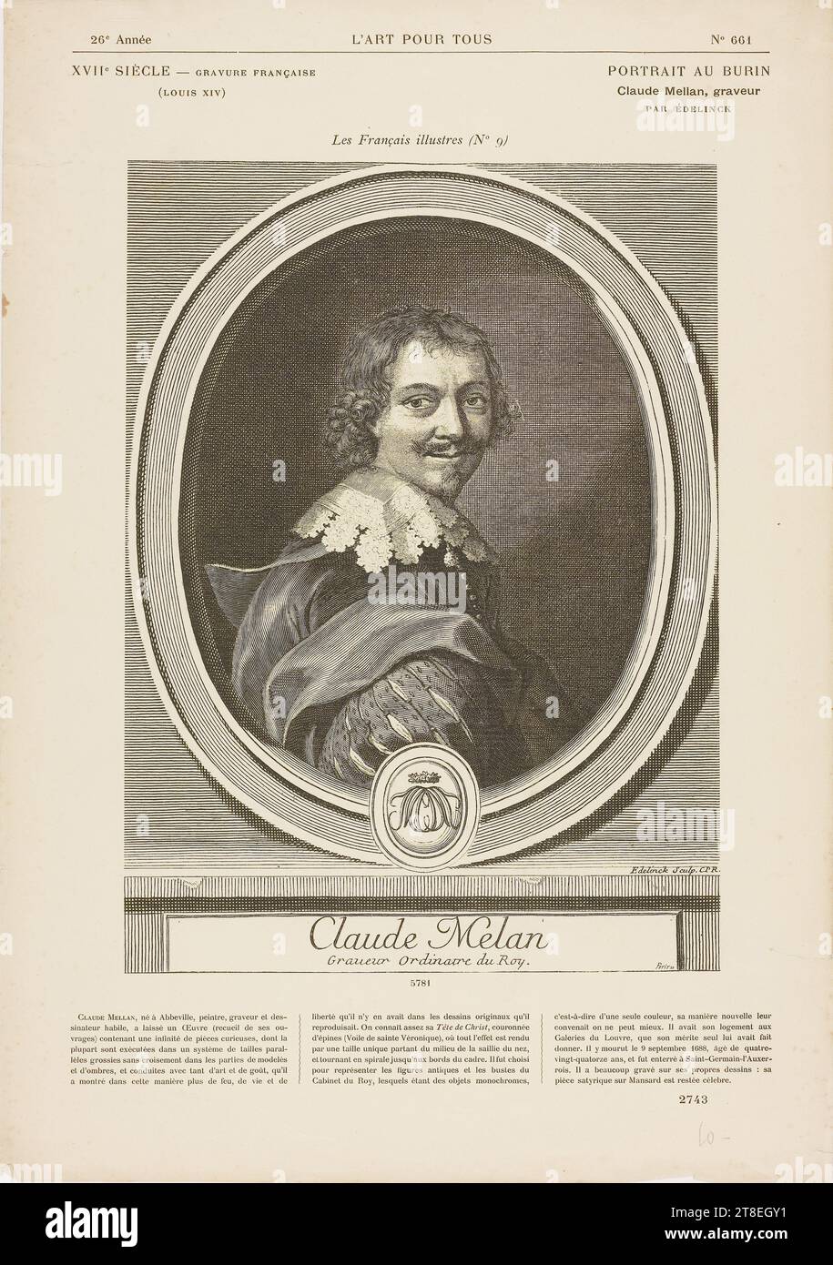 Edelinck-Sculp. HLW Claude Melan Graueur Ordinaire du Roy. PETIT sc. 26. Jahr KUNST FÜR ALLE Nr. 661. XVII. JAHRHUNDERT - FRANZÖSISCHER STICH (LOUIS XIV). PORTRÄT IN BURIN Claude Mellan, Stich von EDELINCK. Les Francais illustres (Nr. L 3/3 vom 5781. Biographie Claude Mellan. 2743 Stockfoto