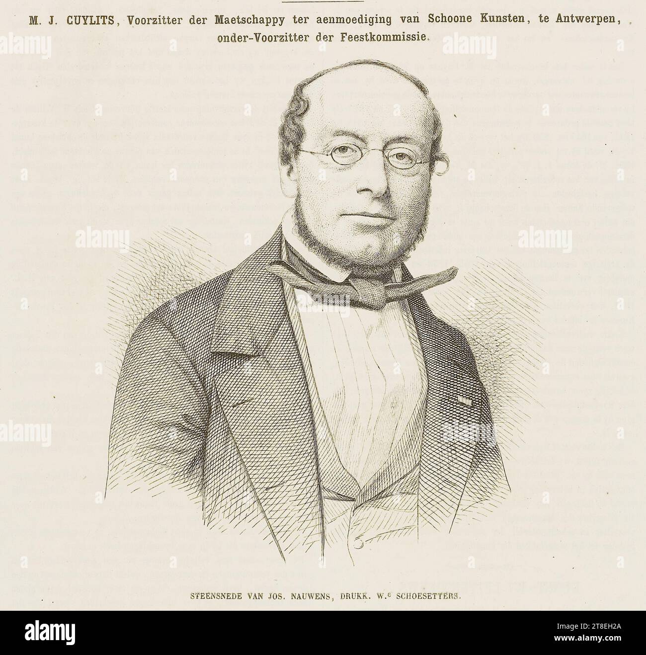 Die Biografie geht umgekehrt weiter. 8. JUBILÄUM. 133. BYDRAGEN TOT DE GESCHIEDENIS VAN DE KUNSTPLEGTIGHEDEN VAN ANTWERPEN 17, 18, 19, 20. AUGUST 1861 (SIEHE BL. 137 von den zevenden jaergang). M.J. CUYLITS, Vorsitzender des Maetschappy ter aenmoediging van Schoone Kunsten, te Antwerpen, Untervorsitzender des Festivalkomitees. STEIN GESCHNITTEN VON JOS. NAUWENS, DRUCK. Wir. SHOESETTERS. [Biografie Stockfoto