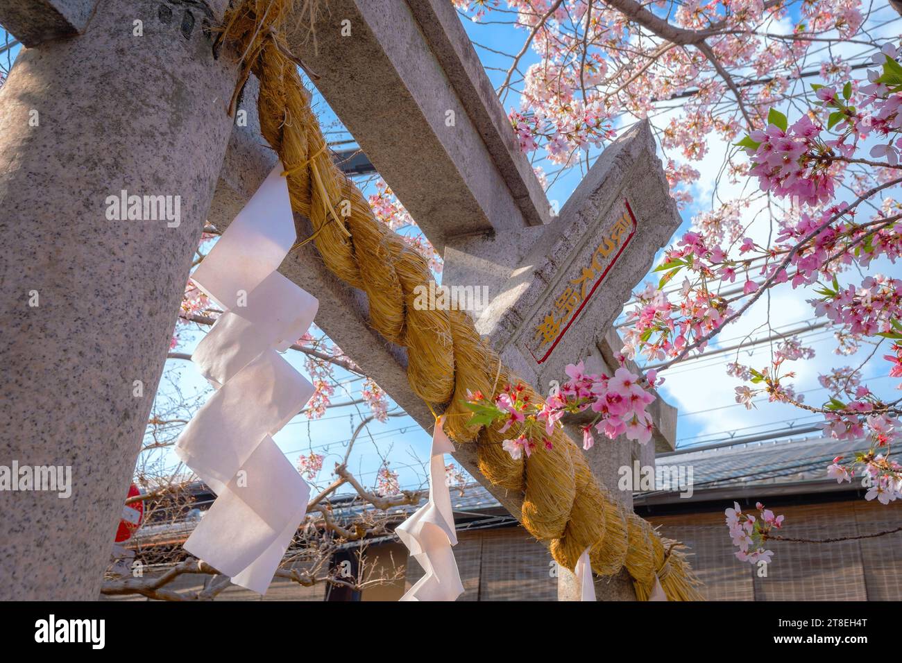 Kyoto, Japan - 2. April 2023: Tatsumi Daimyojin-Schrein in der Nähe der Tatsumu-Bashi-Brücke im Stadtteil Gion Stockfoto