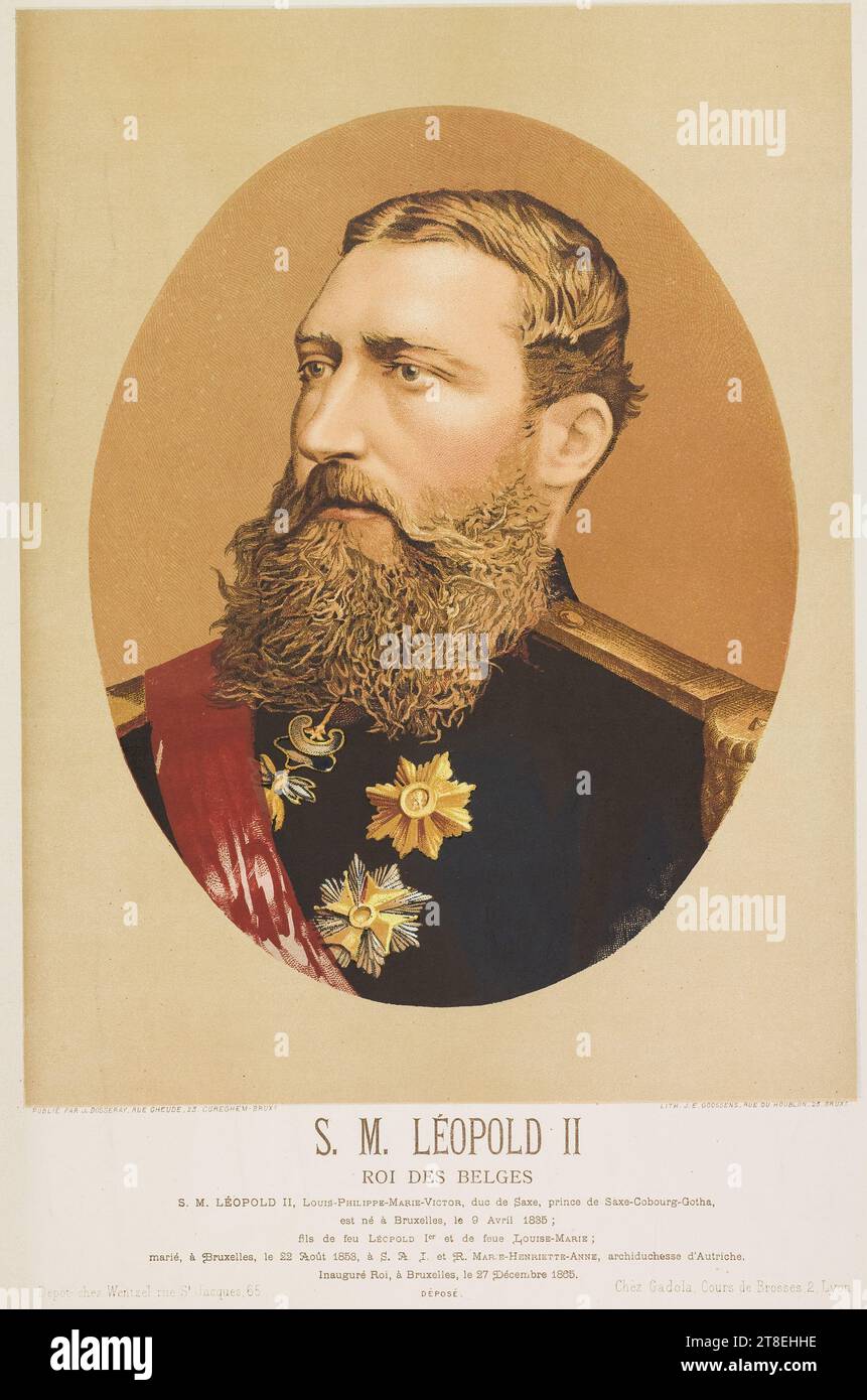 VERÖFFENTLICHT VON J. DOSSERAY, RUE GHEUDE, 23. CUREGHEM-BRUXS. LITH.J.E. GOOSSENS, RUE DU HOUBLON, 23, BRUXS. S. M. LÉOPOLD II. KÖNIG DER BELGIES S. M. LÉOPOLD II., LOUIS-PJILIPPE-MARIE-VICTOR, Herzog von Sachsen, Prinz von Sachsen-Coburg-Gotha, wurde am 9. April 1835 in Brüssel geboren; Sohn des verstorbenen LÉOPOLD Ier und der verstorbenen LOUISE-MARIE; verheiratet am 22. August 1853 in Brüssel; an S. A.I. und R. MARIE HENRIETTE-ANNE, Erzherzogin von Österreich. Am 27. Dezember 1865 weihte King in Brüssel ein. Kaution bei Wenzel, Rue St. Jacques, 65. DEPONIERT. In Gadola, Cours de Brosses, 2 Stockfoto
