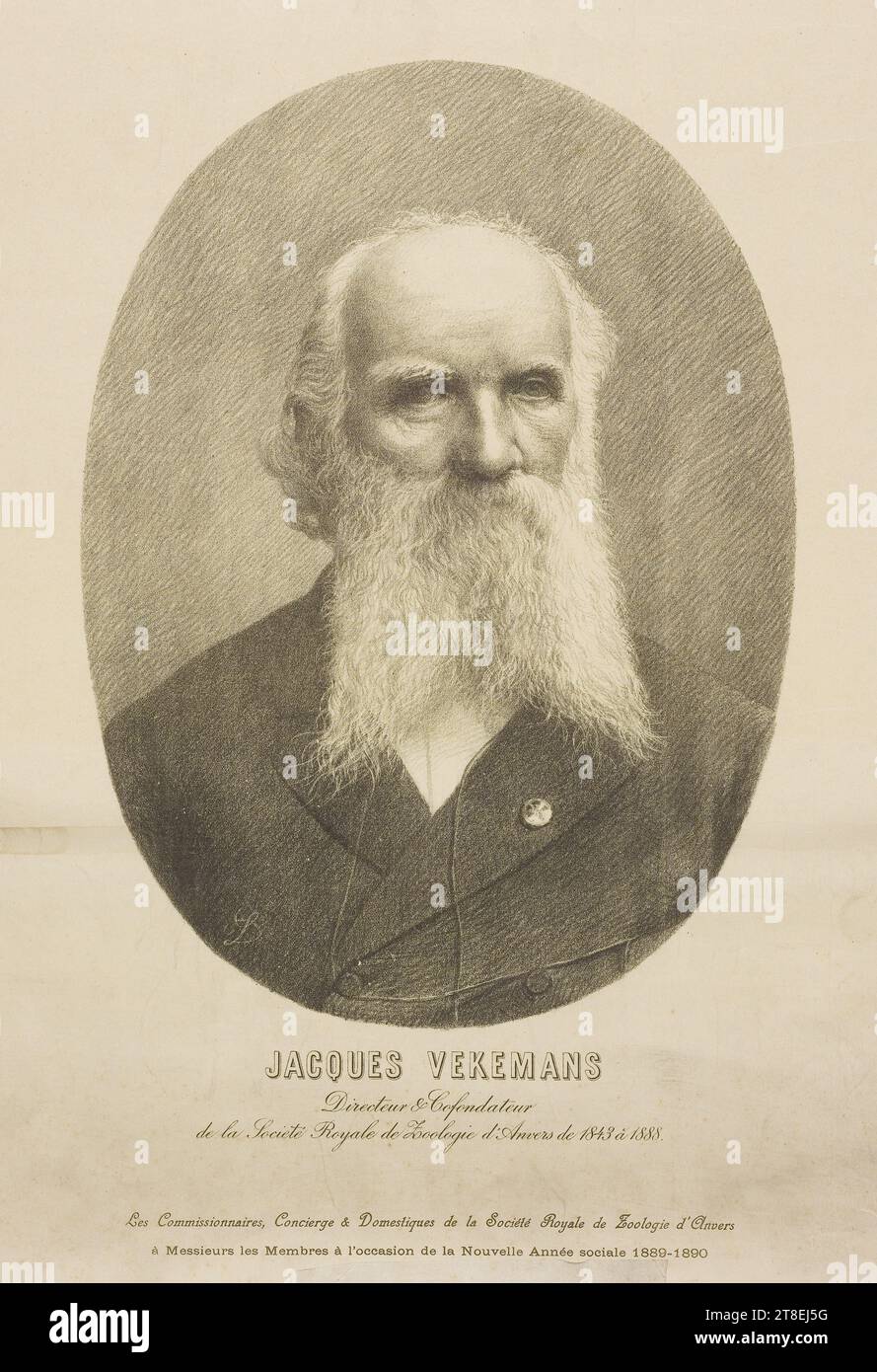 LD-Monogramm. JACQUES VEKEMANS Direktor und Mitbegründer der Königlichen Zoologischen Gesellschaft Antwerpen von 1843 bis 1888. Die Kommissare, Hausmeister und Hausmeister der Königlichen Zoologischen Gesellschaft Antwerpen an die Mitglieder anlässlich des neuen Sozialjahres 1889-1890 Stockfoto