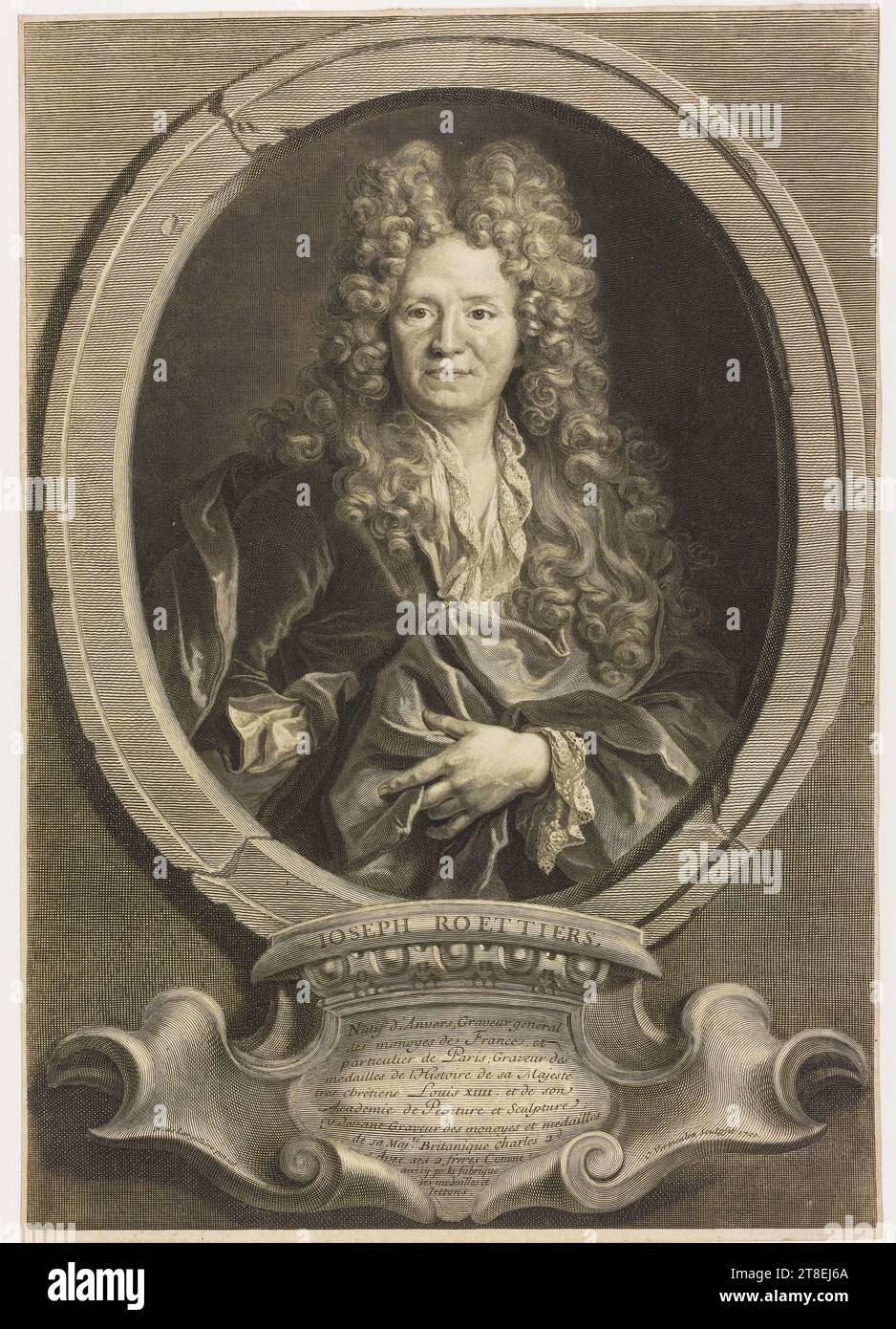 IOSEPH ROUTTIERS, gebürtiger Antwerpener, Gravierer General der Monochasen von Frankreich und besonders von Paris; Gravierer der Medaillen der Geschichte seiner sehr christlichen Majestät Ludwig XIII. Und seiner Akademie für Malerei und Skulptur vor dem Gravierer der Monoyes und Medaillen seiner Majestät. Britanique Charles 2 ACEX seine beiden Brüder als aussy po:la fabrique. Des médailles et Jettons. N. de Largilliere Pinxit. C. Vermeulen Sculpsit 1700. 48 Stockfoto