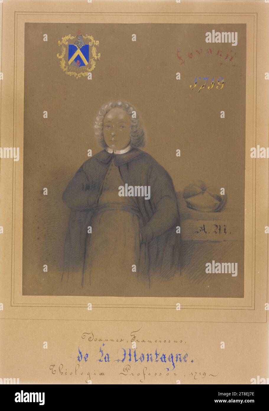 Um die Darstellung herum sind in schwarzer Tinte gezeichnete Rahmen dargestellt. FORTITER. Lovanii 1719. Joannes, Franciscus, de la Montagne. Theologiæ Professor, 1719 Stockfoto